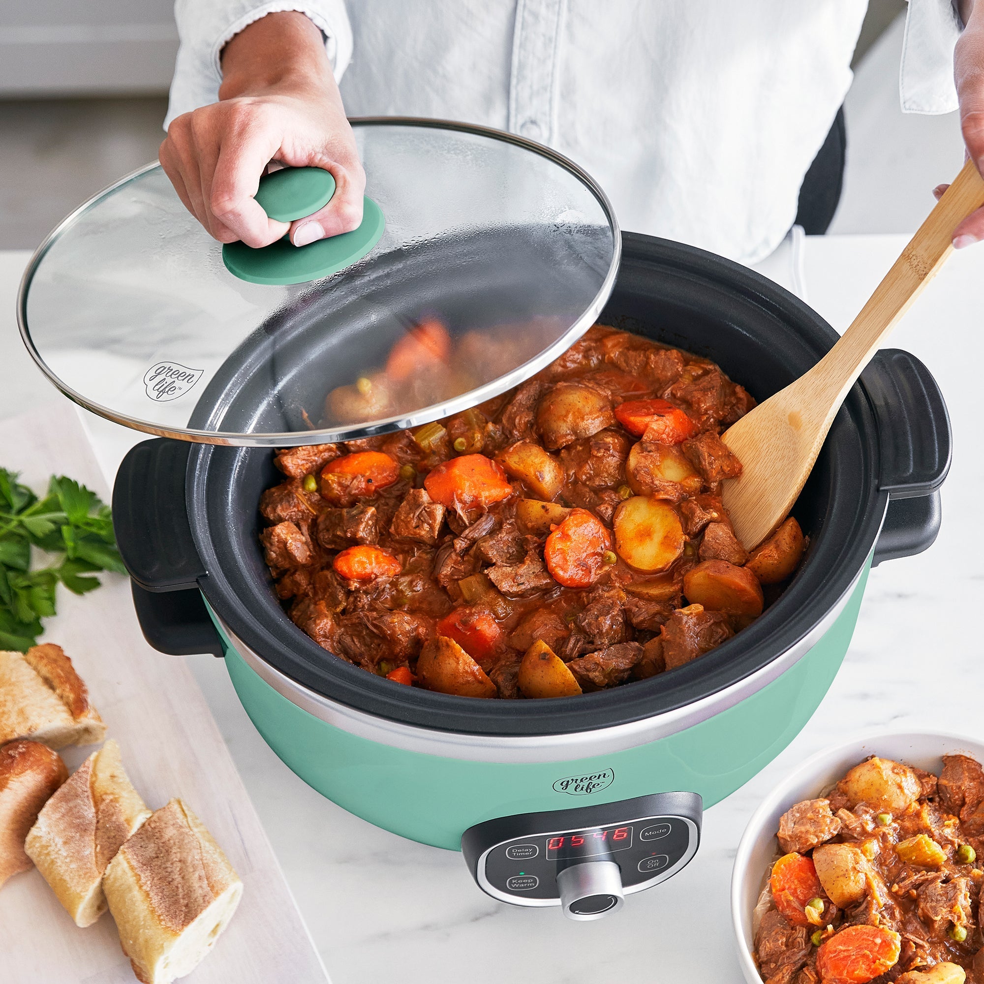 GreenLife Healthy Duo 6 Quart Slow Cooker with Non-Toxic Ceramic Pot - Turquoise | Easy One-Pot Meals for Family Dinners, Potlucks & Meal Prep