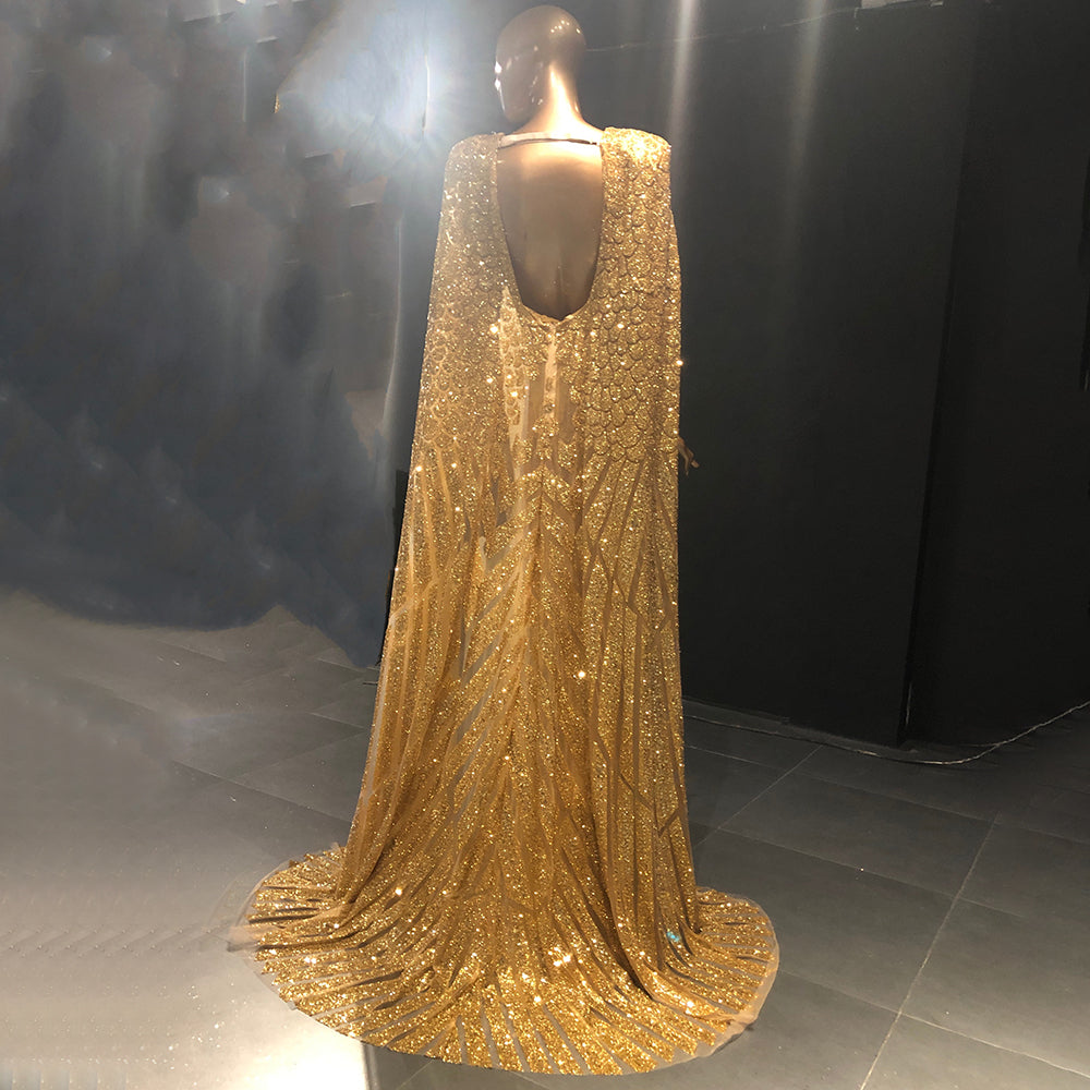 Serene Hill Gold A-Line Cape Sleeve Evening Gown - Elegant Beaded Luxury Formal Dress for Women 2025 | Perfect for Prom, Gala, Wedding & Black Tie Events - LA71670