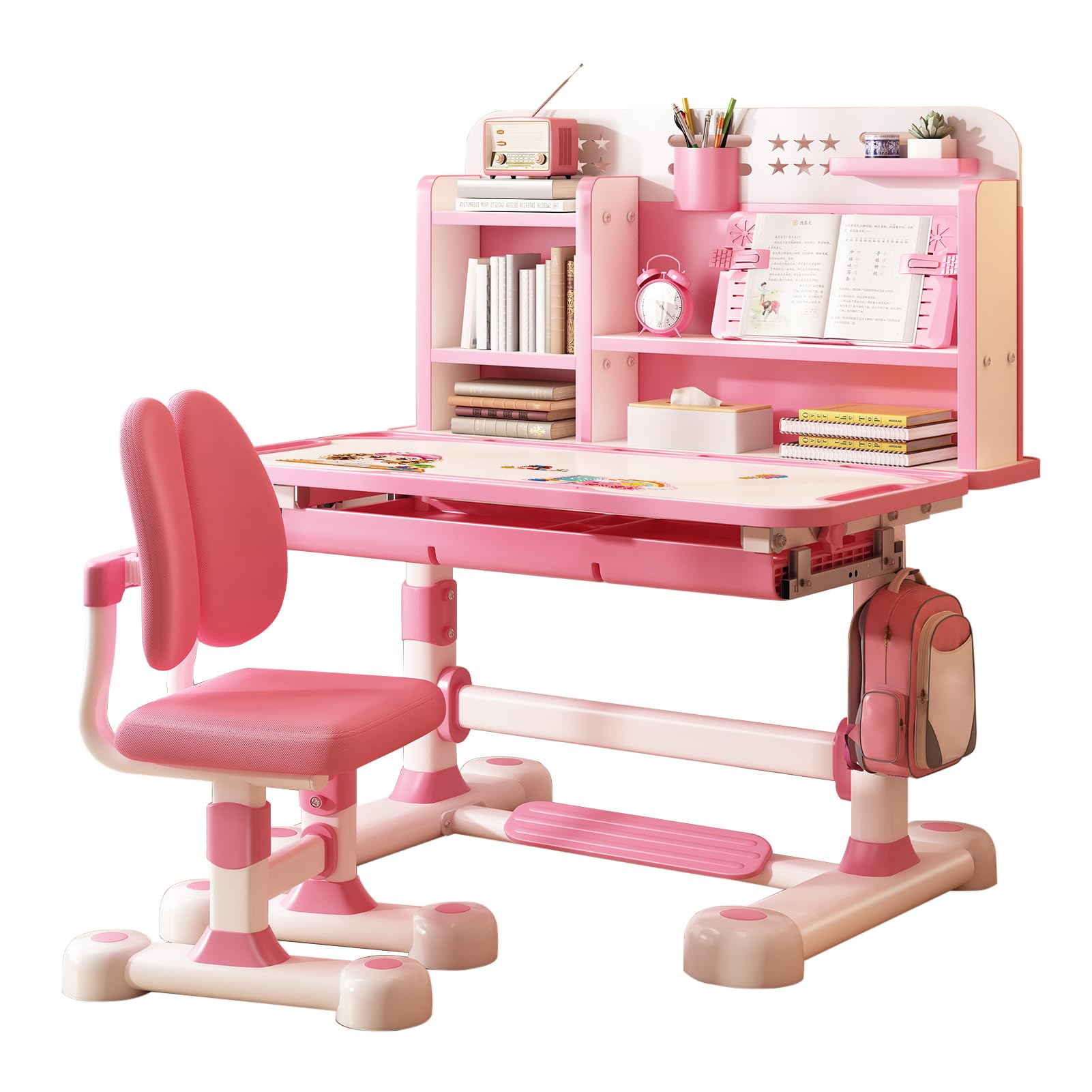 Adjustable Kids Desk and Chair Set - Ergonomic Study Table for Children with Book Stand & Sitting Corrector, Partition Design, Ideal for Homeschooling & Online Learning (Pink)