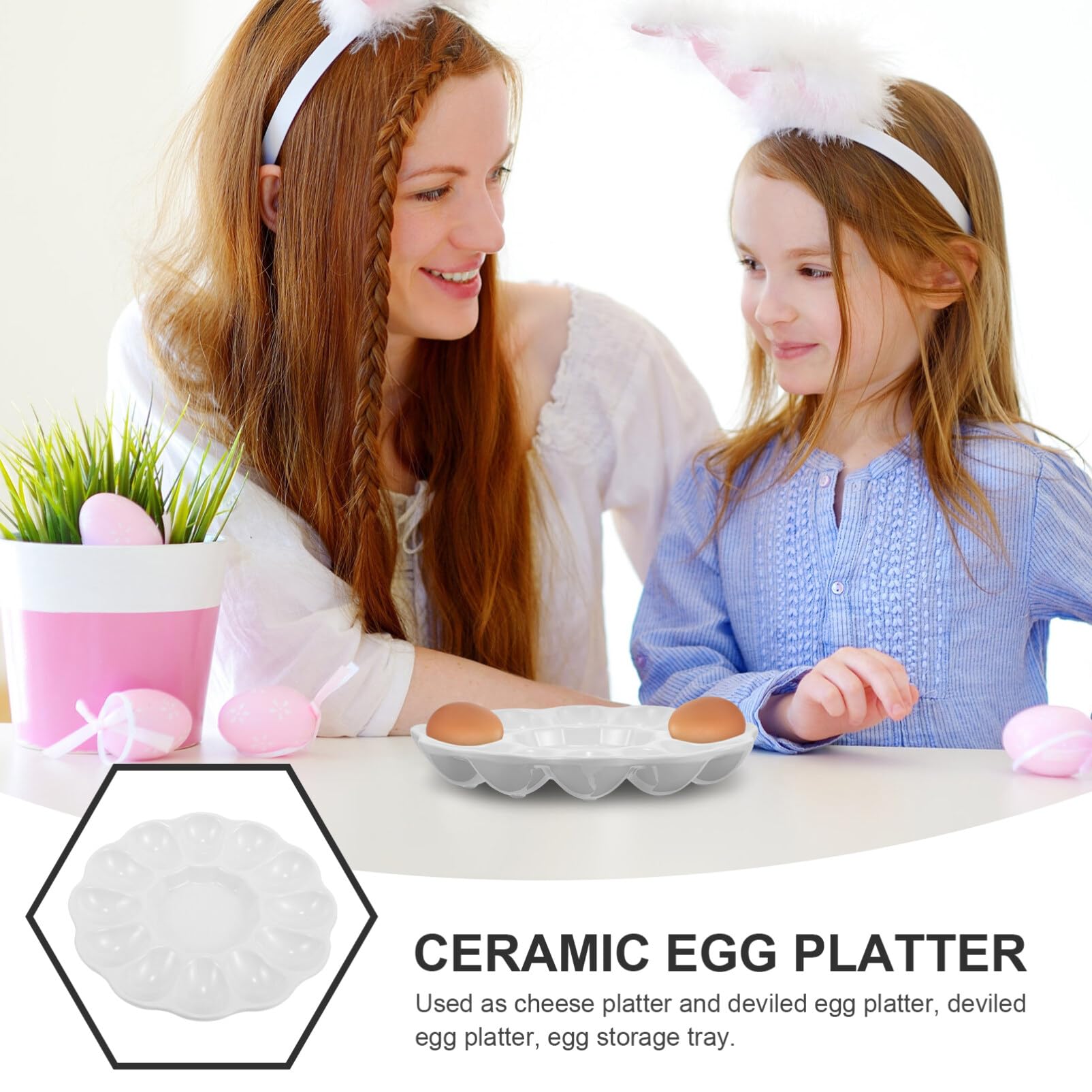 Ceramic Deviled Egg Platter Tray - 8 Inch Serving Dish Holds 12 Hard Boiled Eggs - Elegant Catering Display for Parties, Picnics & Holiday Gatherings