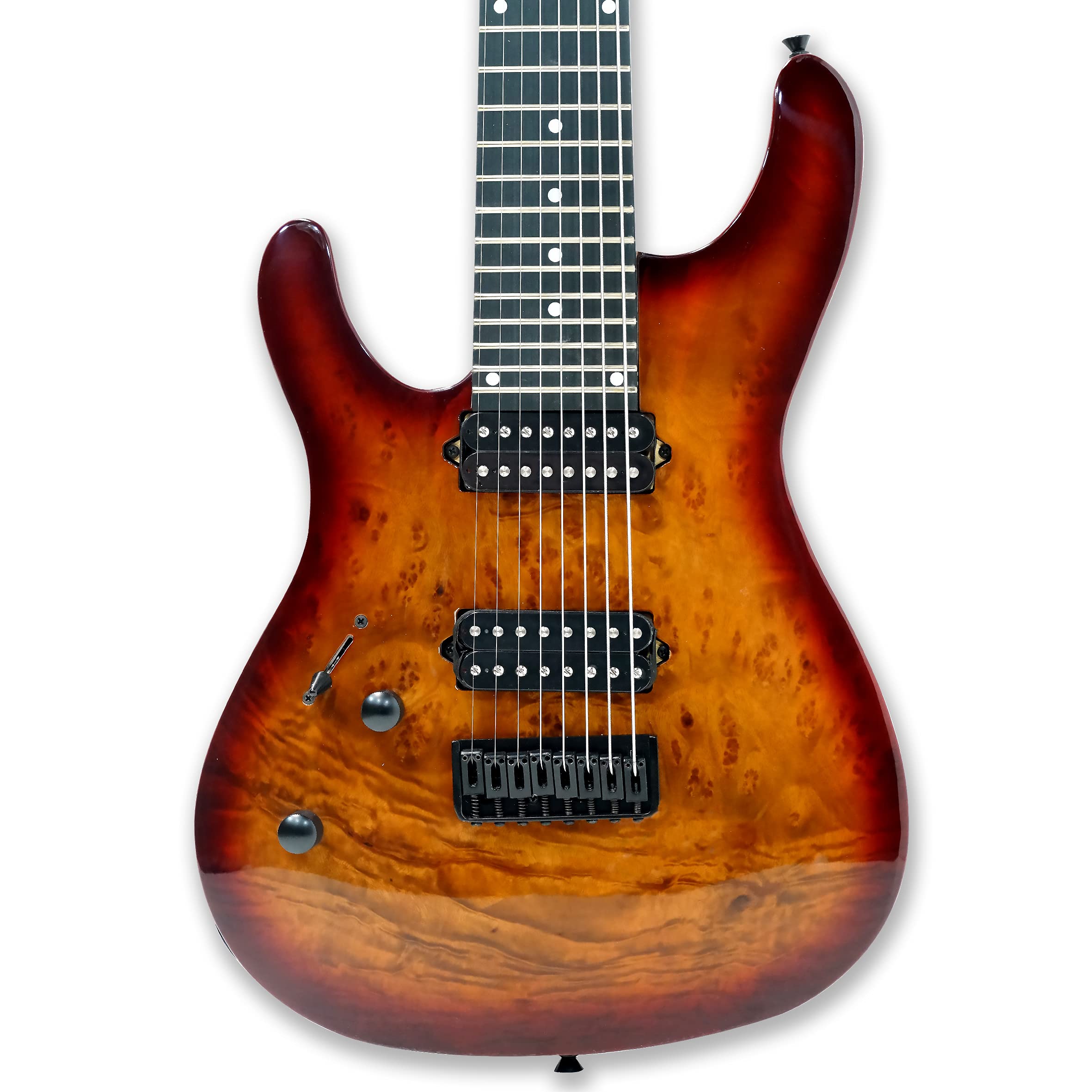 Left-Handed 8 String Electric Guitar - Burl Poplar Veneer Top, Okoume Wood Body, Bolt-On Maple Neck - Perfect for Metal, Rock & Progressive Music (ES-800)