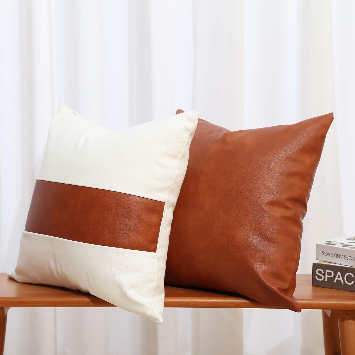 GALMAXS7 18x18 Inch Faux Leather & Cotton Decorative Throw Pillow Covers Set of 2 - Modern Mudcloth Farmhouse Style Square Accent Pillows for Couch, Sofa, Bed, Living Room - Perfect for Home Decor, Cozy Reading Nook & Guest Room Styling