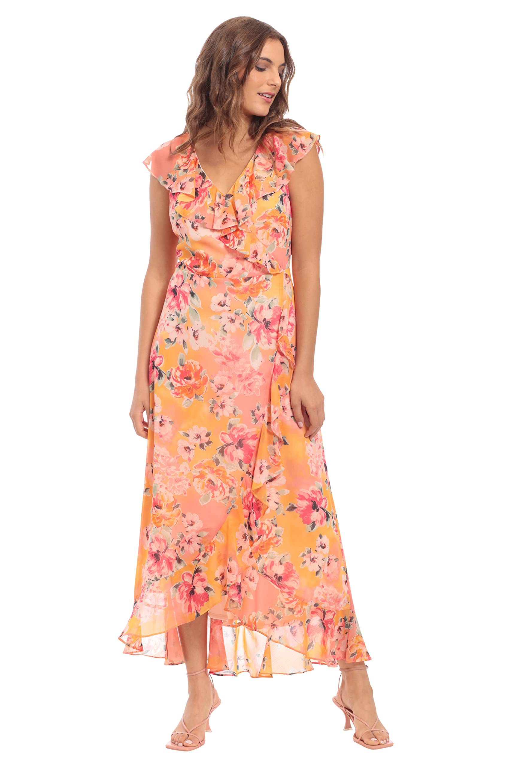 London Times Women's Elegant Chiffon Faux Wrap Ruffle Maxi Dress for Wedding Guest, Party & Special Occasions | Flowy Summer Formal Gown for Bridesmaid, Evening Events & Beach Weddings