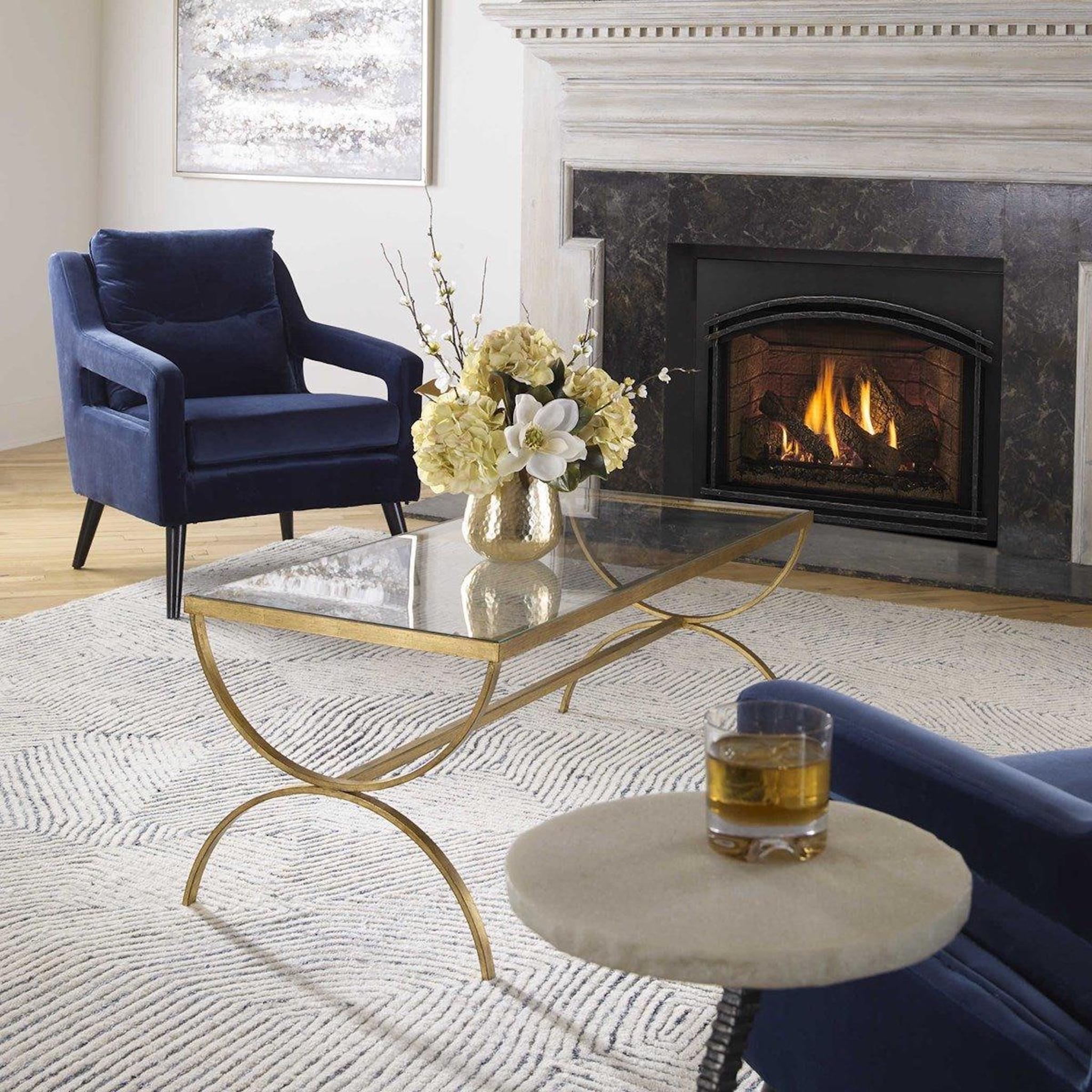 Antique Gold Forged Iron Coffee Table with Tempered Glass Top - Elegant Living Room Centerpiece for Home Decor