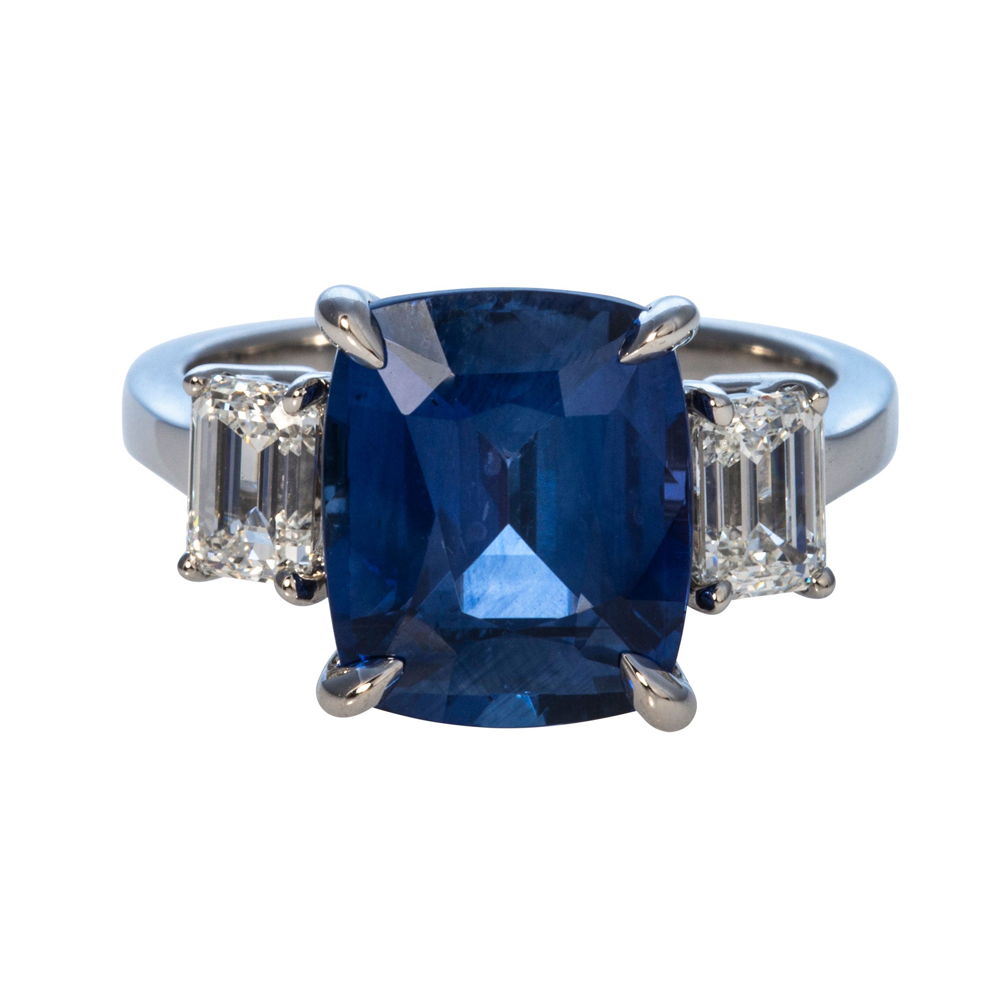6.26ct Cushion Cut Blue Sapphire & Diamond Three Stone Platinum Engagement Ring - Perfect for Proposals, Anniversaries & Bridal Jewelry
