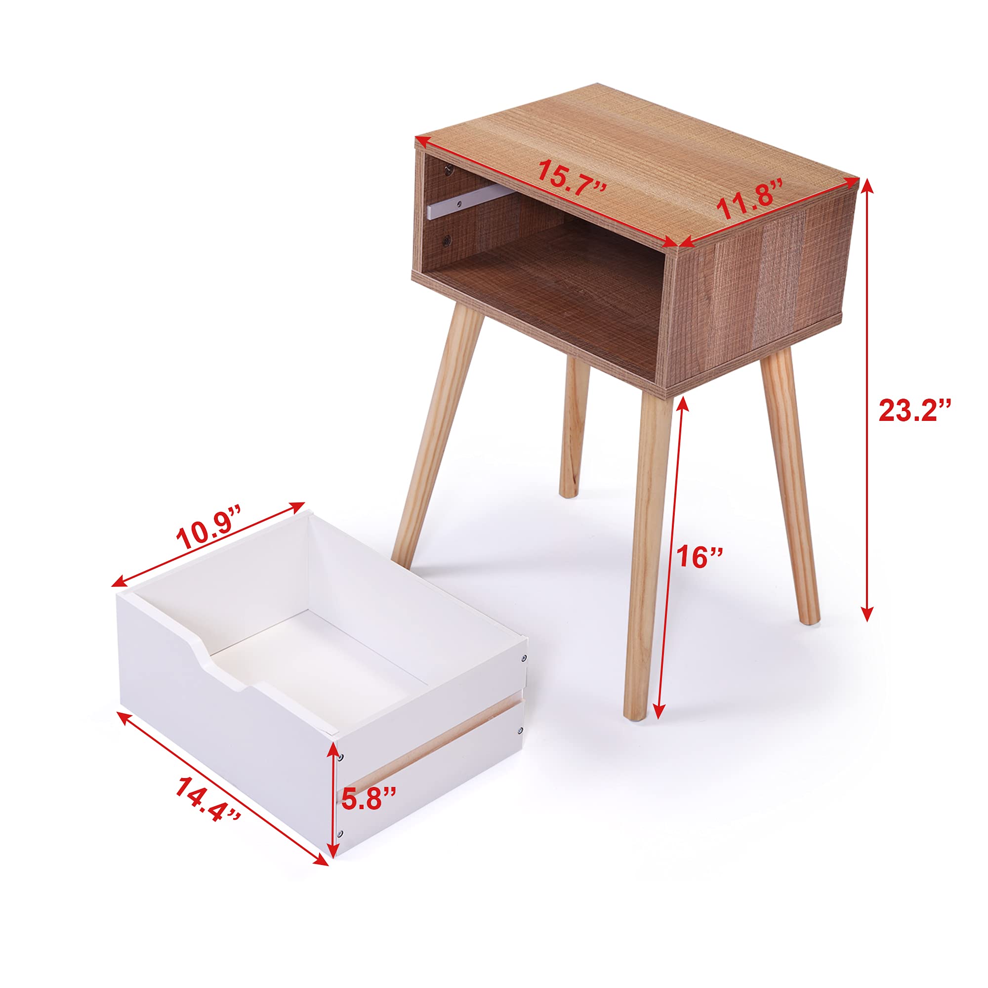 2-Piece Nightstand Set with Storage Drawer & Solid Wood Legs - White & Walnut End Tables for Bedroom, Living Room | Space-Saving Bedside Tables with Modern Design for Small Apartments & Home Decor