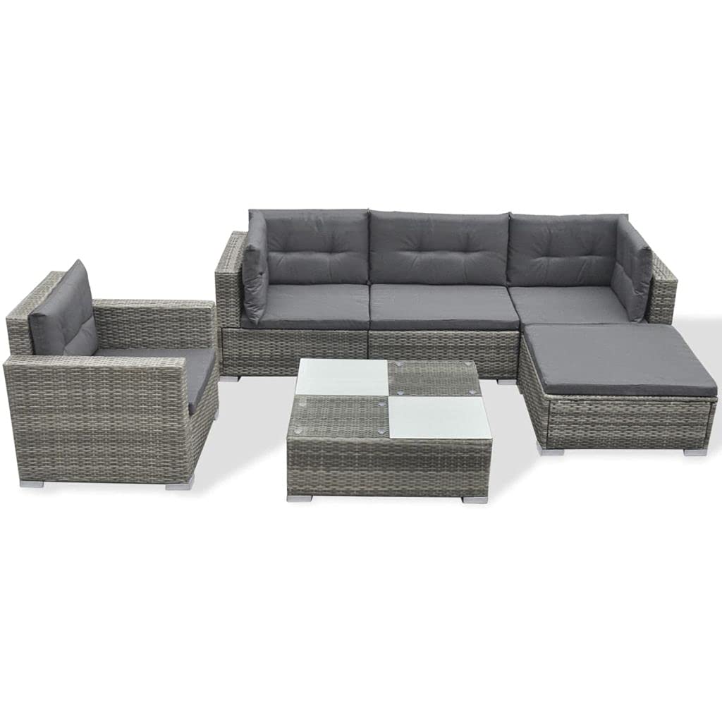 6-Piece Gray Poly Rattan Outdoor Bar Set with Cushions & Glass Table - Patio Furniture for Backyards, Porches, Gardens & Poolside (Weather-Resistant & Comfortable)