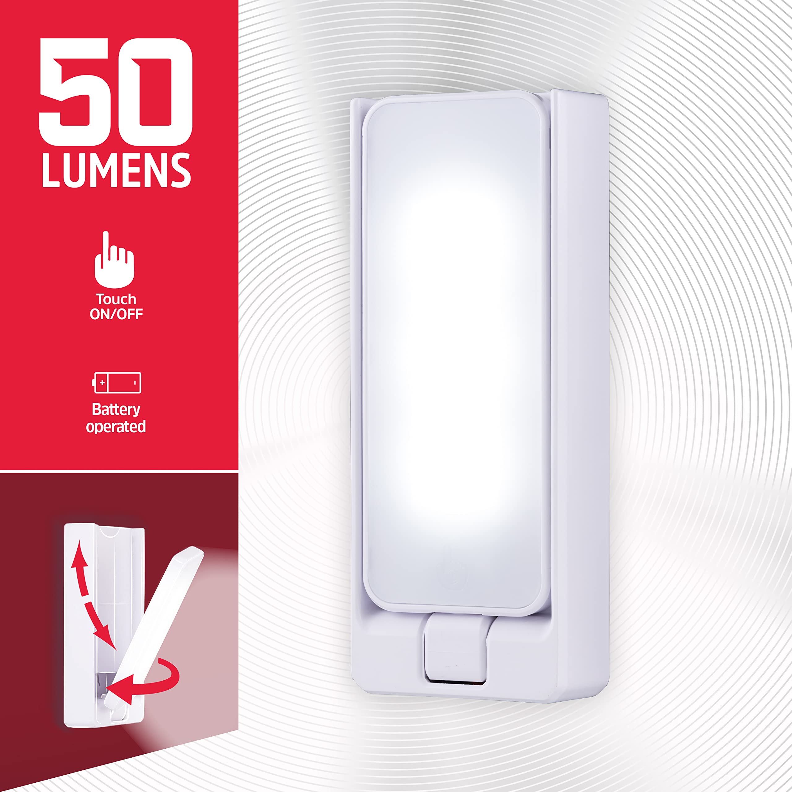 Energizer Swivel LED Touch Light - Battery Operated, 35 Lumens Wireless Closet Light - Perfect for Under Cabinet, Closet, Hallway, Workbench, Bathroom, Pantry & Laundry Room - White (Model 38362) - Ideal for Nighttime Navigation, Small Spaces & Emergency Lighting