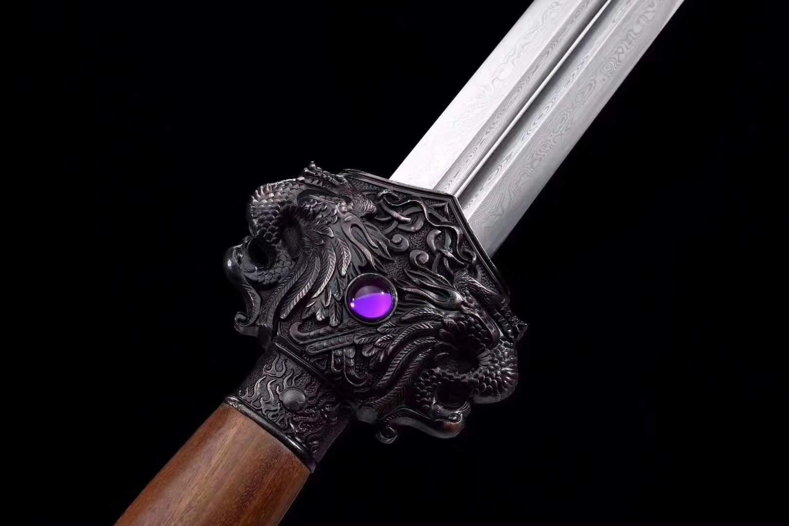 Hand Forged Damascus Steel Phoenix Sword - Real Battle Ready Blade with Wooden Scabbard - Perfect for Medieval Reenactment, Cosplay, and Sword Collectors
