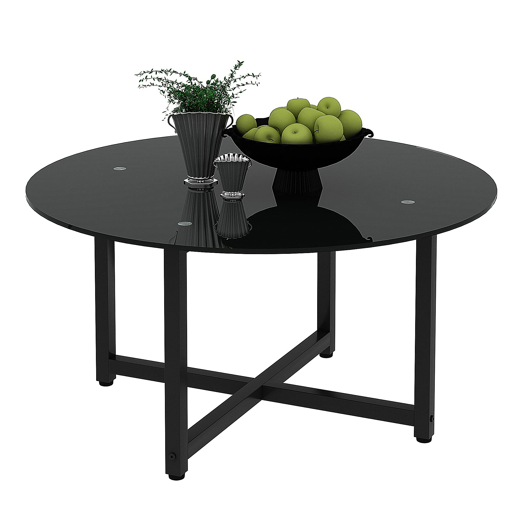Modern Round Glass Coffee Table with Black Tempered Glass Top & Metal Legs - Stylish Center Table for Living Room, Office & Lounge Areas - Perfect for Home Decor, Entertaining Guests & Workspace Accent
