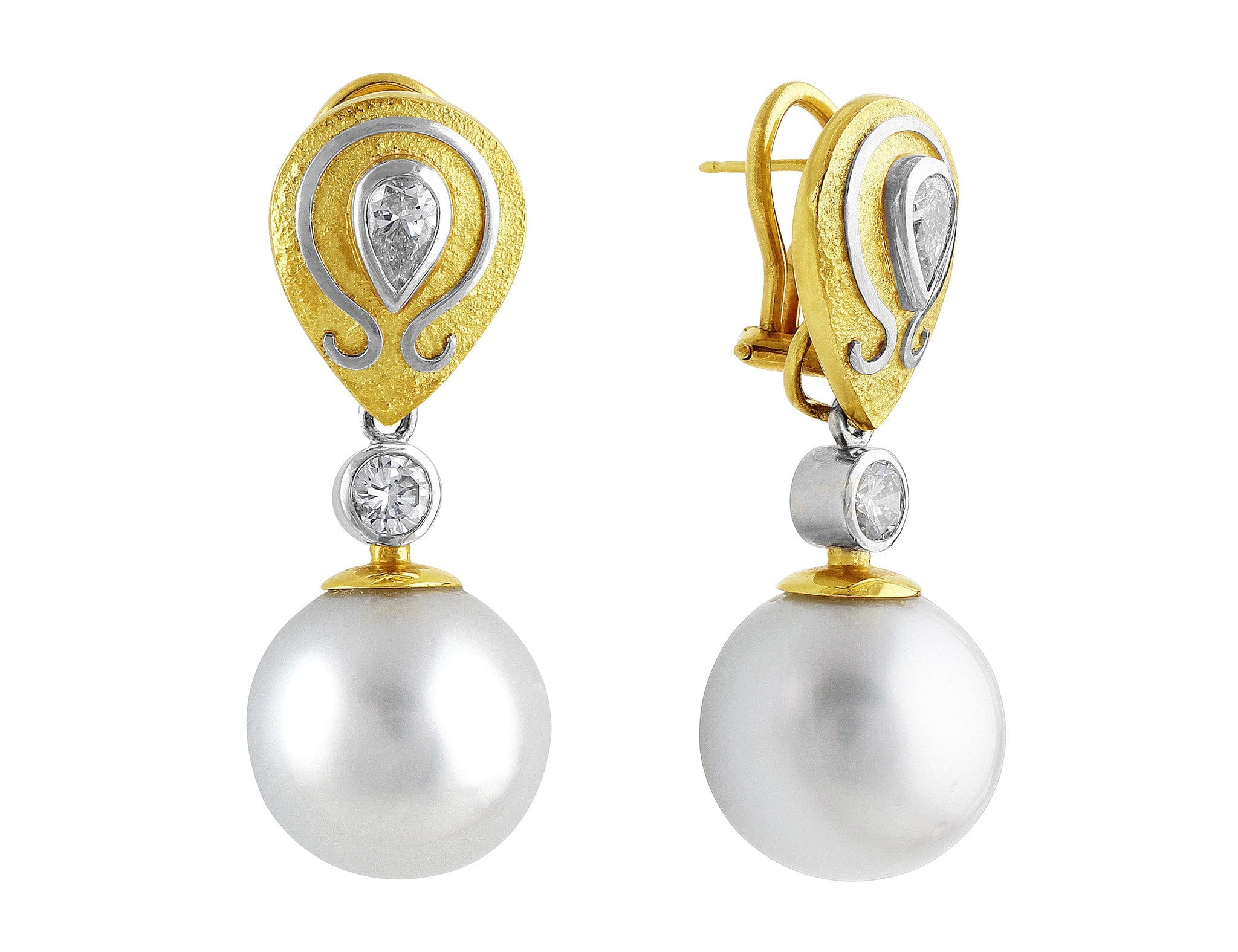 18K White & Yellow Gold South Sea Pearl Earrings with Art Setting – Elegant Jewelry for Weddings, Parties & Special Occasions