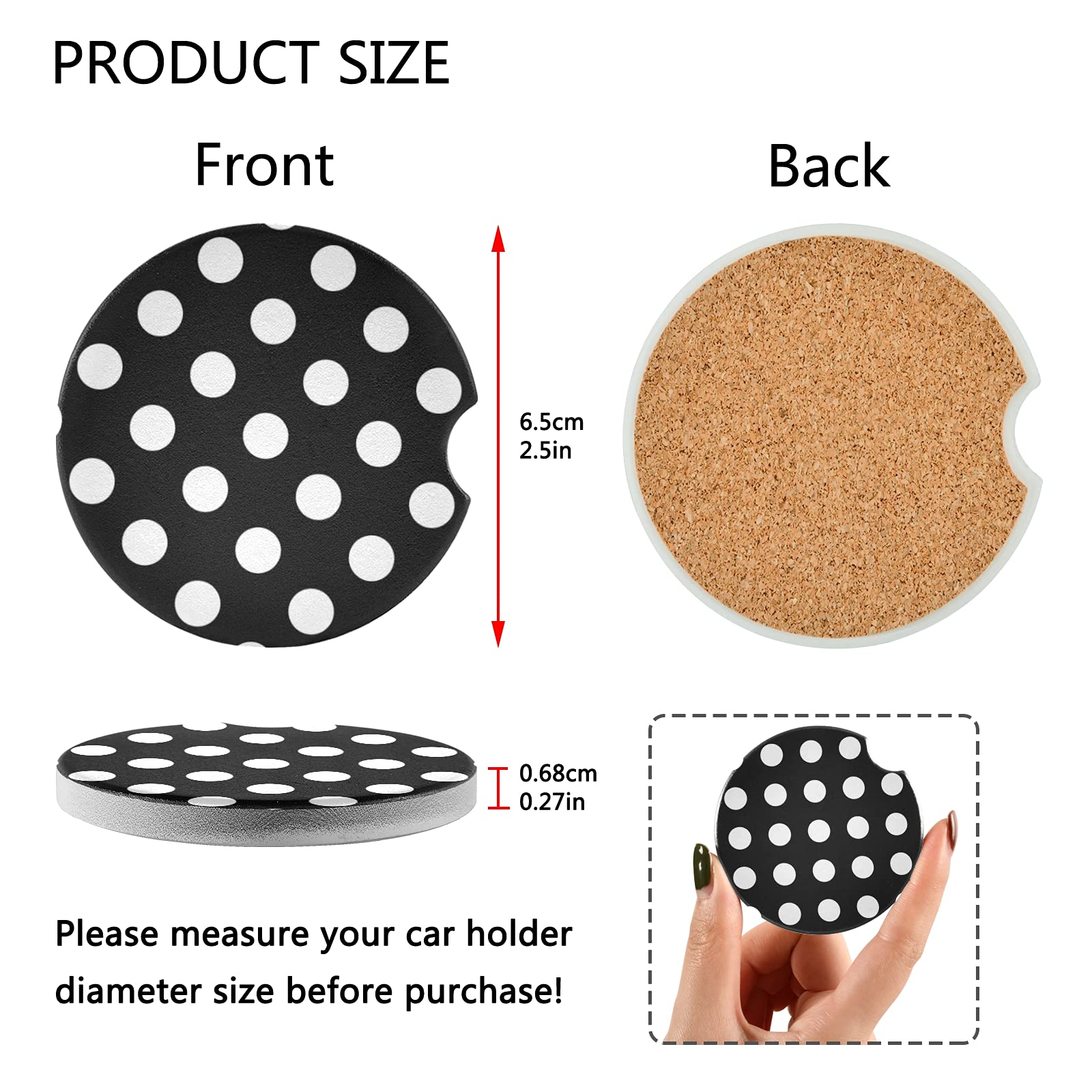 2-Pack Classic Polka Dot Ceramic Car Coasters - Absorbent Drink Cup Holders for Cars - Cute Car Accessories for Men & Women (2.56in) - Perfect for Coffee, Soda & Water Bottles in Vehicles