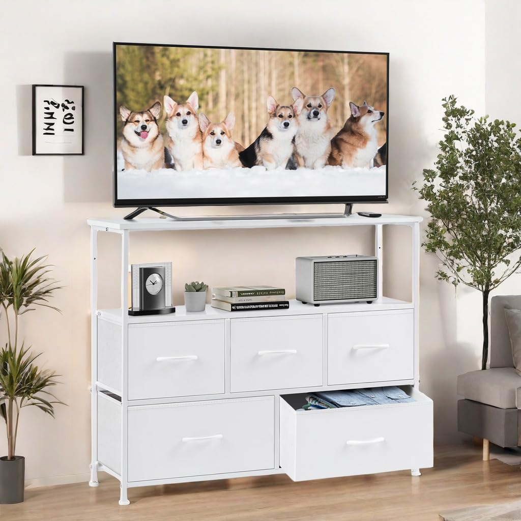 Modern TV Stand for 45 Inch Television with Fabric Storage & 5-Drawer Organizer - Entertainment Center Tower Cabinet for Living Room & Bedroom - Black/TV5BC - Perfect for Small Spaces & Home Organization