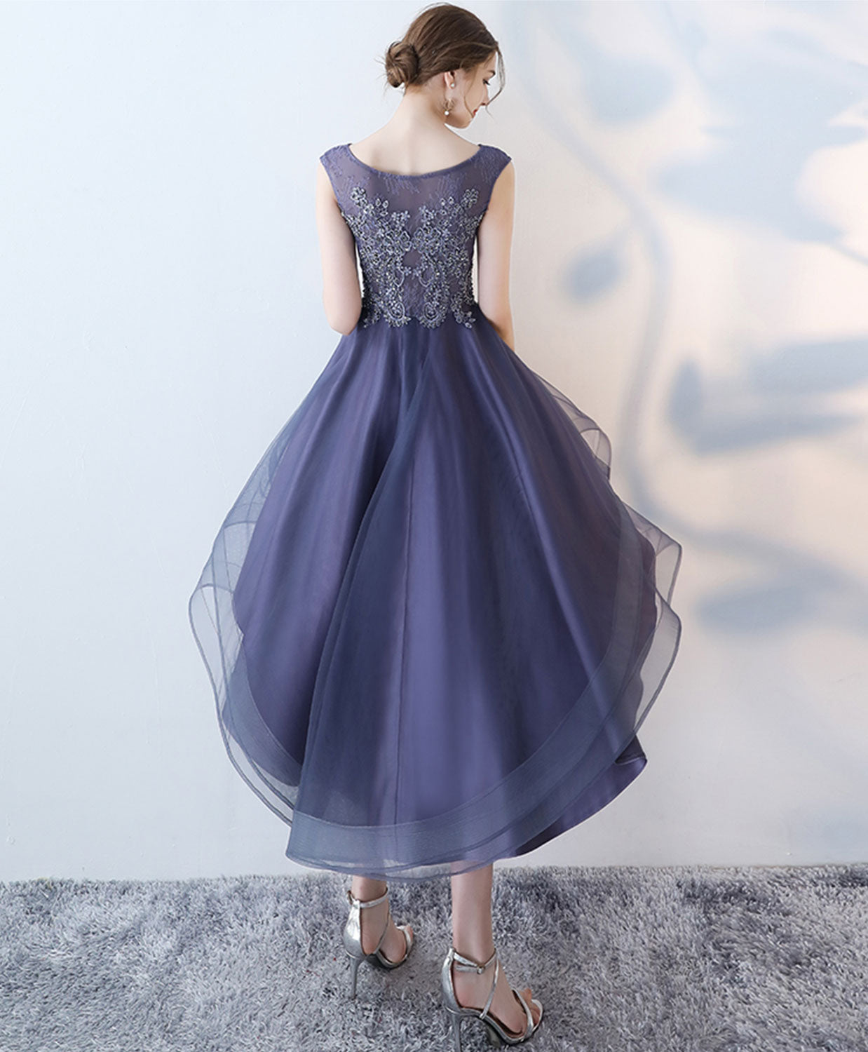 Elegant Purple Round Neck Lace Tulle High-Low Prom Dress for Women - Perfect for Homecoming, Evening Parties & Special Occasions