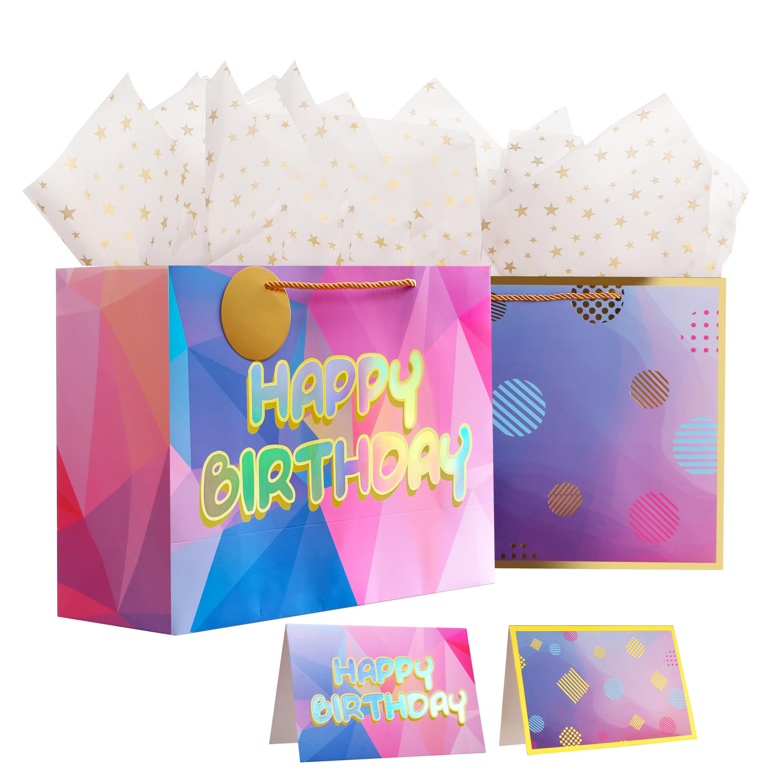 16 Inch Extra Large Happy Birthday Gift Bags with Tissue Paper & Cards - Premium Birthday Present Bags for Women, Girls & Kids - Perfect for Birthday Parties, Baby Showers & Special Occasions