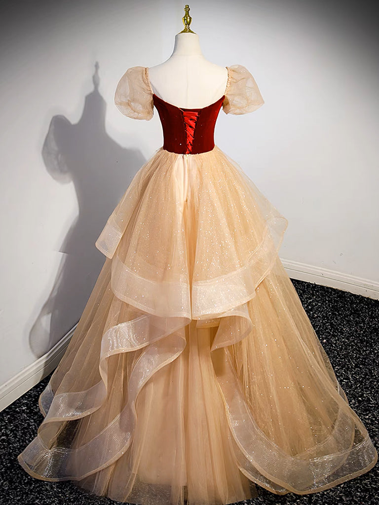Elegant A-Line Tulle Velvet Champagne Long Prom Dress for Women - Perfect for Formal Dances, Weddings & Evening Galas