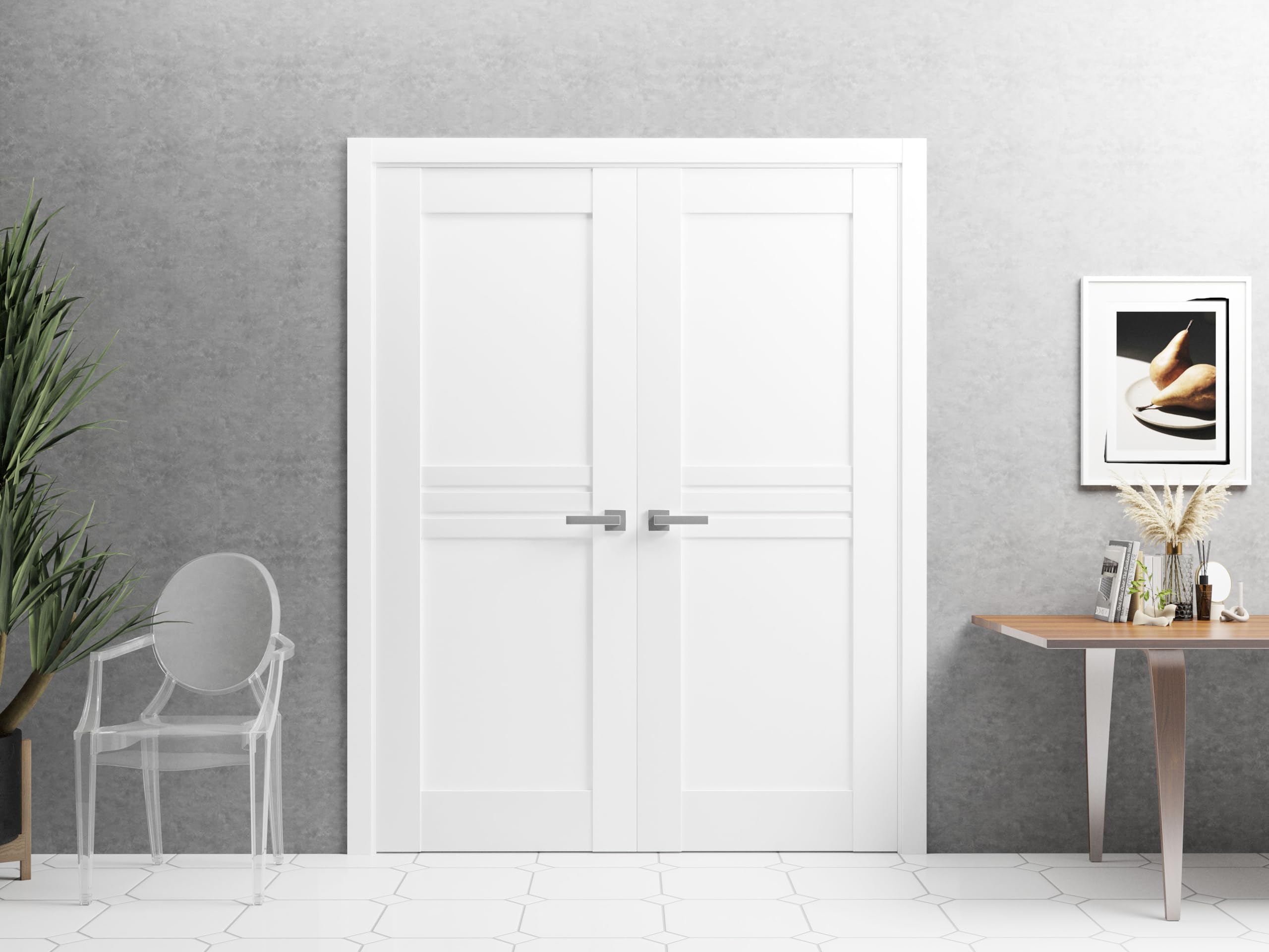 VDOMDOORS 72x84 Inches Solid French Double Doors - Mela 7444 White Silk Finish, Wood Solid Panel Frame - Modern Closet & Bedroom Doors for Stylish Home Interiors