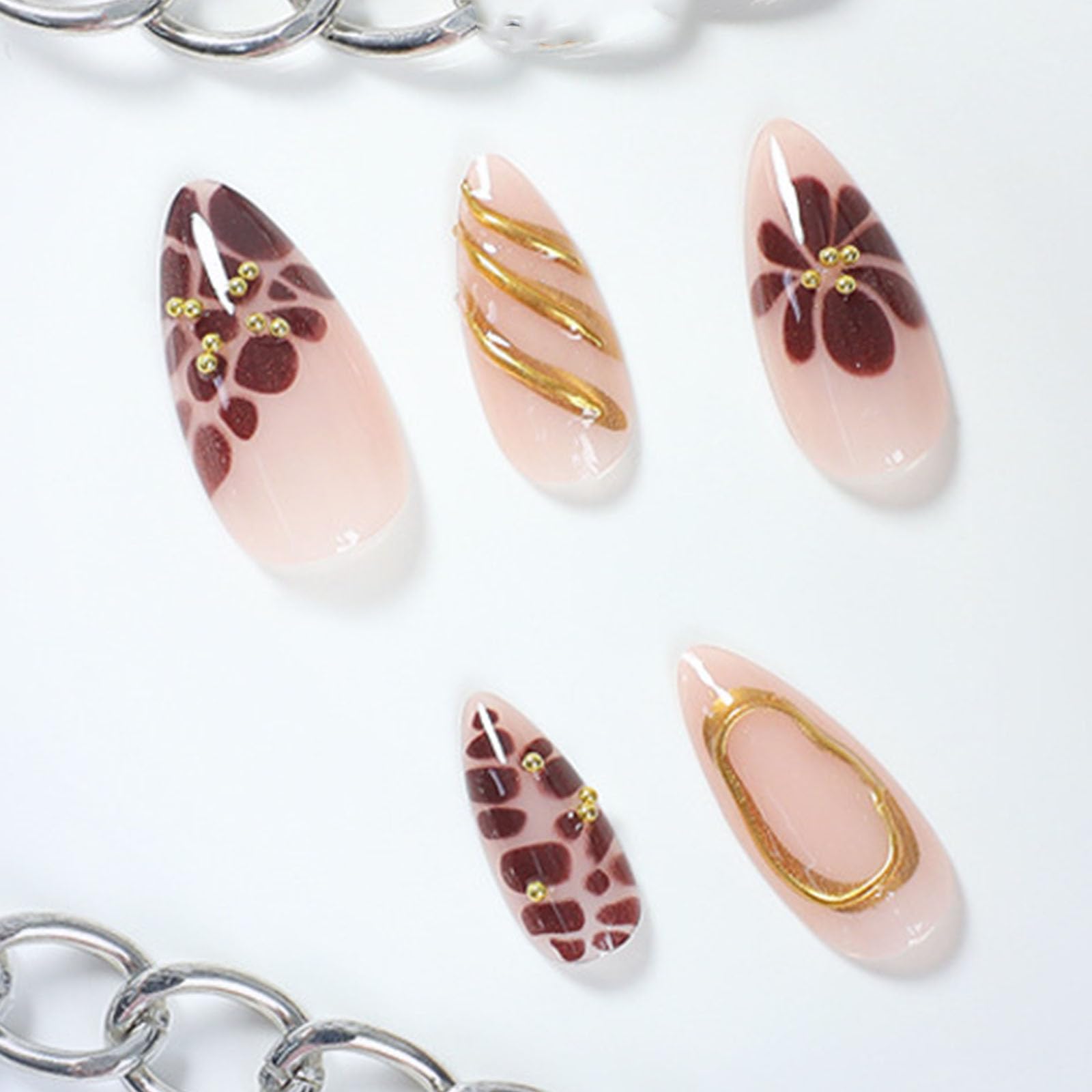 Fall Press on Nails Medium Almond Fake Nails - Brown French Tips with 3D Golden Line Designs - 24Pcs Natural Nude Full Cover Glossy Glue on Nails - Perfect for Parties, Weddings, Date Nights & Everyday Wear