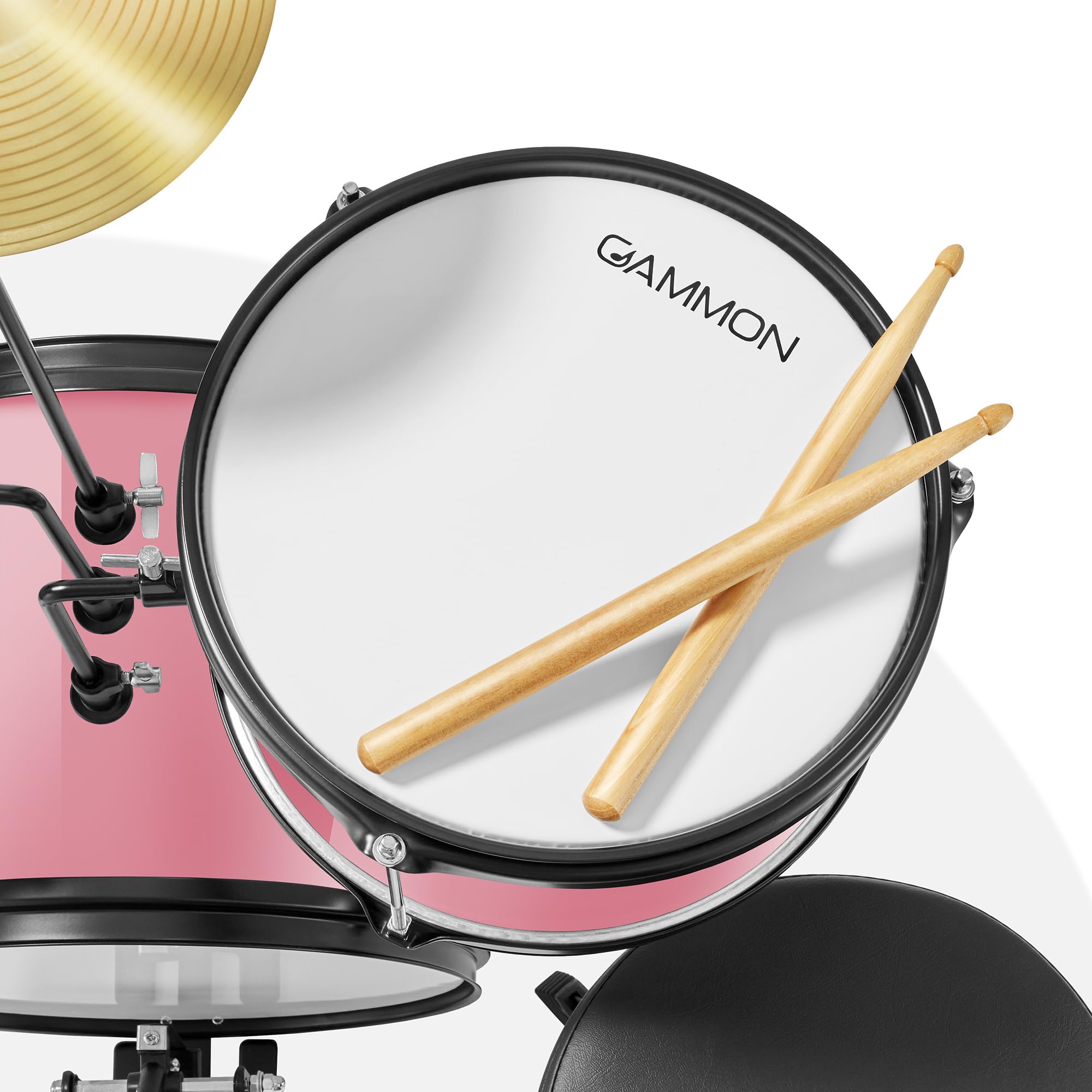 Gammon 3-Piece Junior Drum Set with Throne - Pink, Complete Beginner Drum Kit with Bass Drum, Toms, Cymbal, Pedal & Drumsticks | Perfect for Kids, Teens & Beginners Learning to Play Drums at Home or School