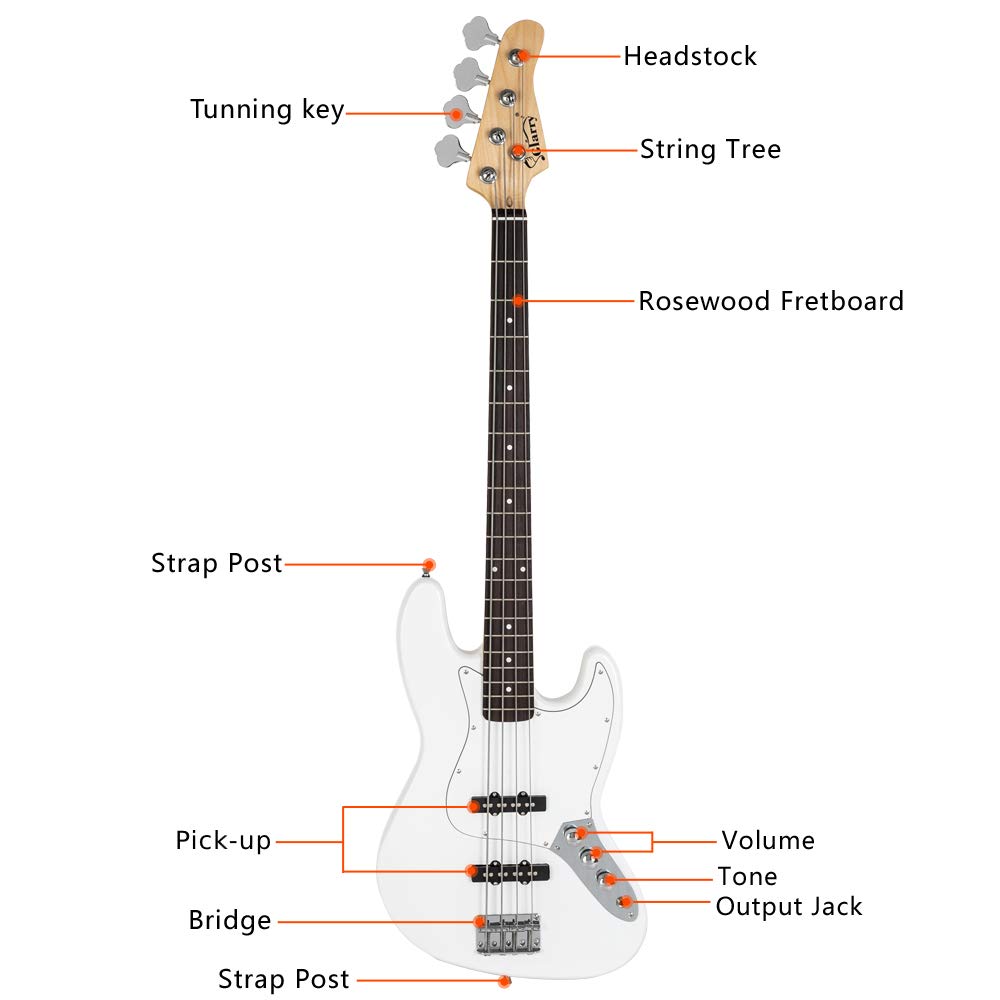 Glarry Gjazz 4-String Electric Bass Guitar Full Size Beginner Kit - Right Handed with Shoulder Strap, Wrench Tool, Power Cable & Gig Bag (White) - Perfect for Practice, Live Performances & Studio Recording