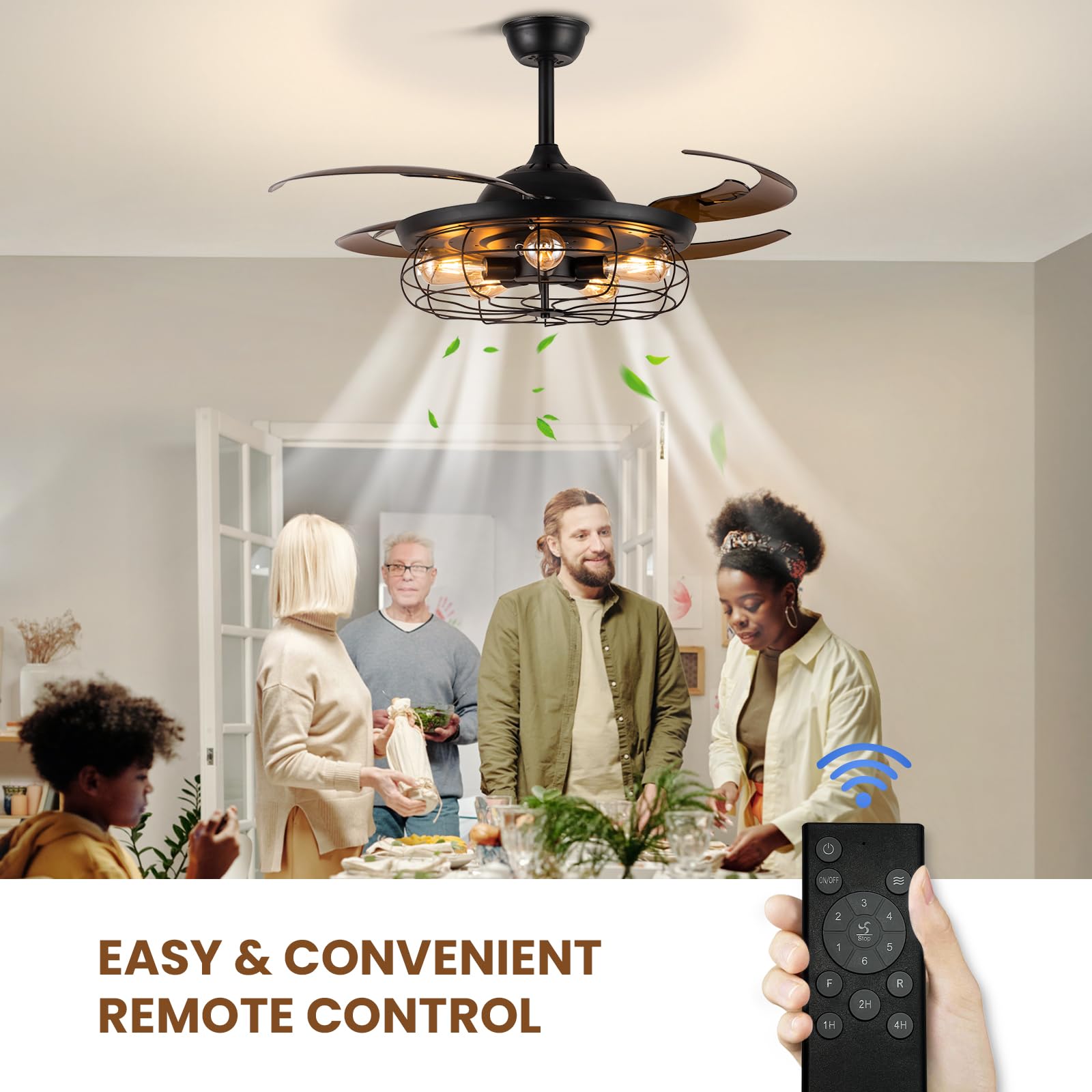 Siljoy 48 Inch Retractable Black Industrial Caged Ceiling Fan with Remote & 5 Lights - Farmhouse Chandelier Style for Living Room, Bedroom, Patio - Perfect for Home Cooling & Decorative Lighting