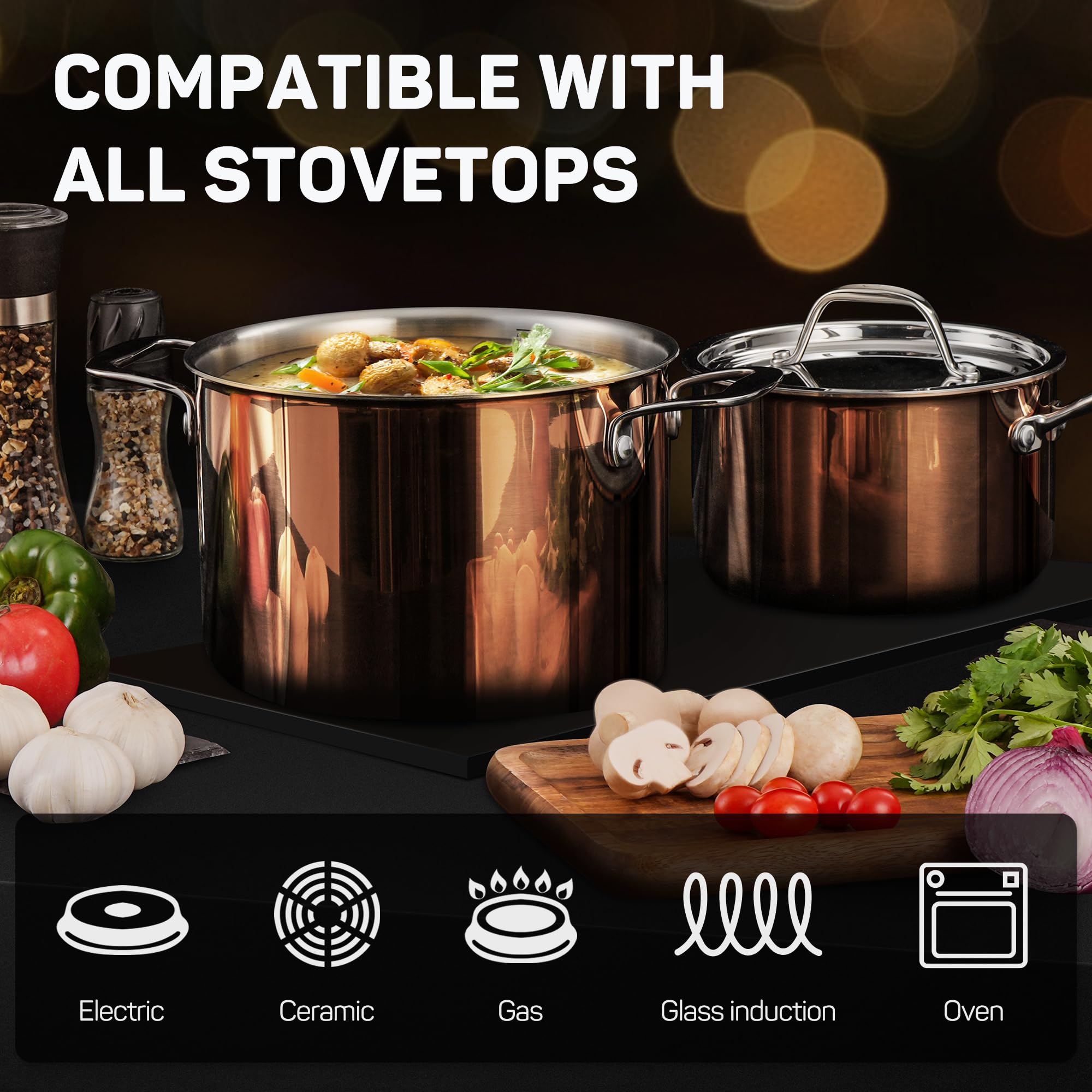 Premium 10-Piece Tri-Ply 18/10 Stainless Steel Cookware Set with Copper Core - Induction Compatible Pots & Pans Set Includes Stock Pot, Saucepan, Frying Pan with Stainless Steel Lids - Professional Kitchen Cookware for Home Chefs, Restaurants & Gourmet Cooking