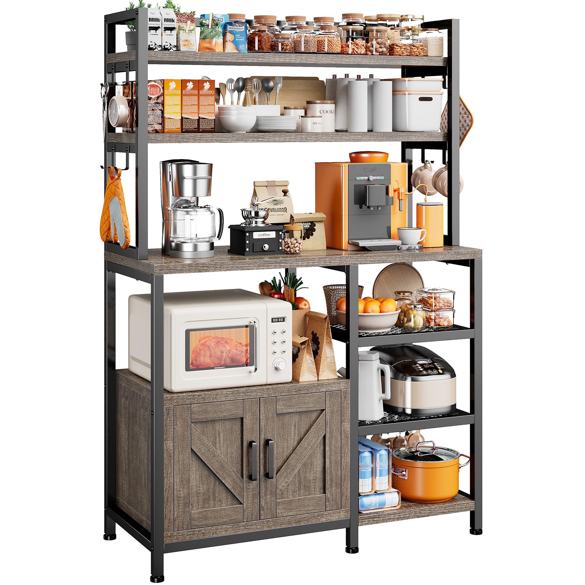 EnHomee 6-Tier Bakers Rack for Kitchen - Coffee Bar with Storage Cabinet, Microwave Stand with Large Capacity & Side Hooks - Perfect for Kitchen Organization, Coffee Station Setup & Small Appliance Storage