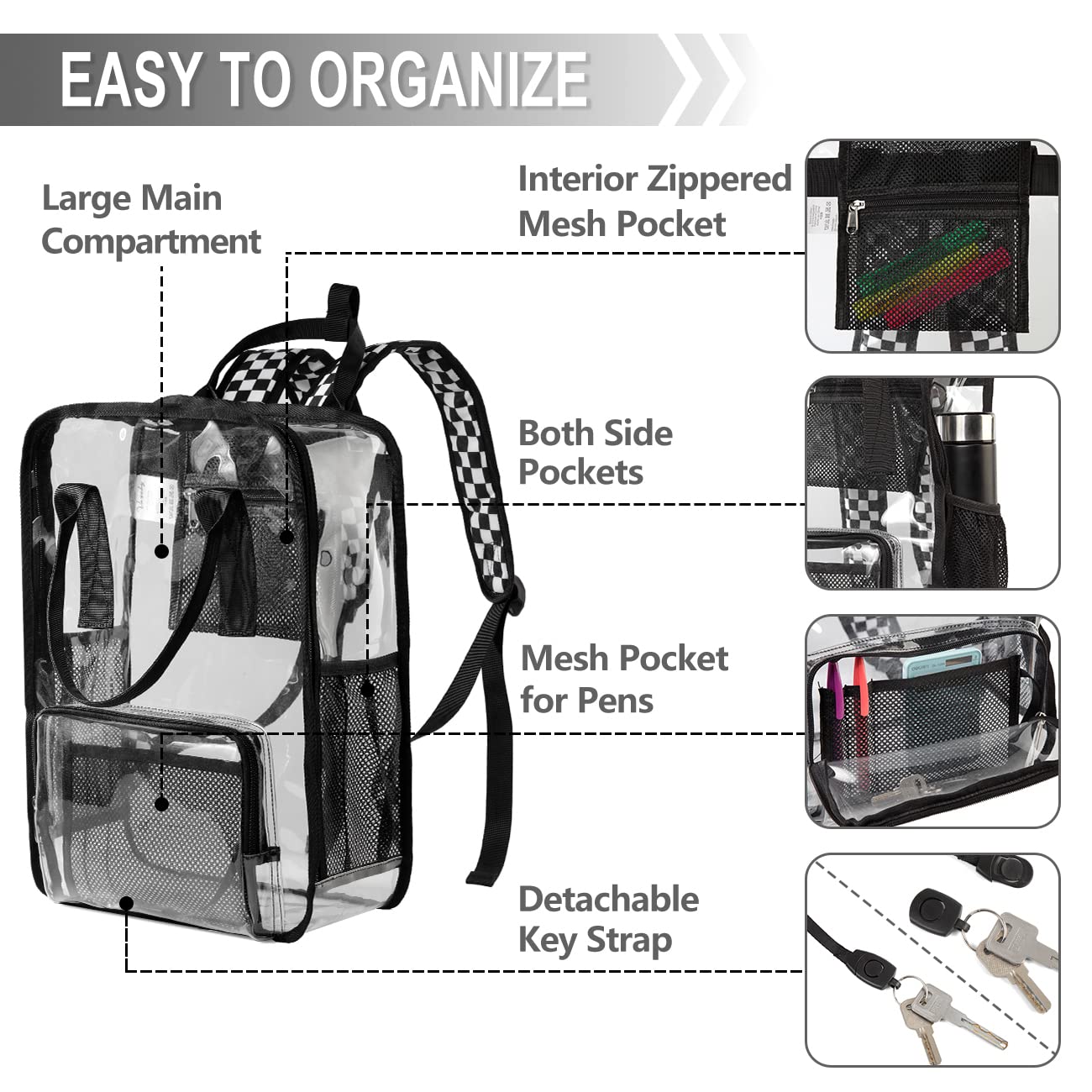 VASCHY Heavy Duty Clear Backpack - Transparent See Through School Bookbag for Students, Travel & Security Check - Durable Waterproof College Backpack for Work, Gym & Airport Security