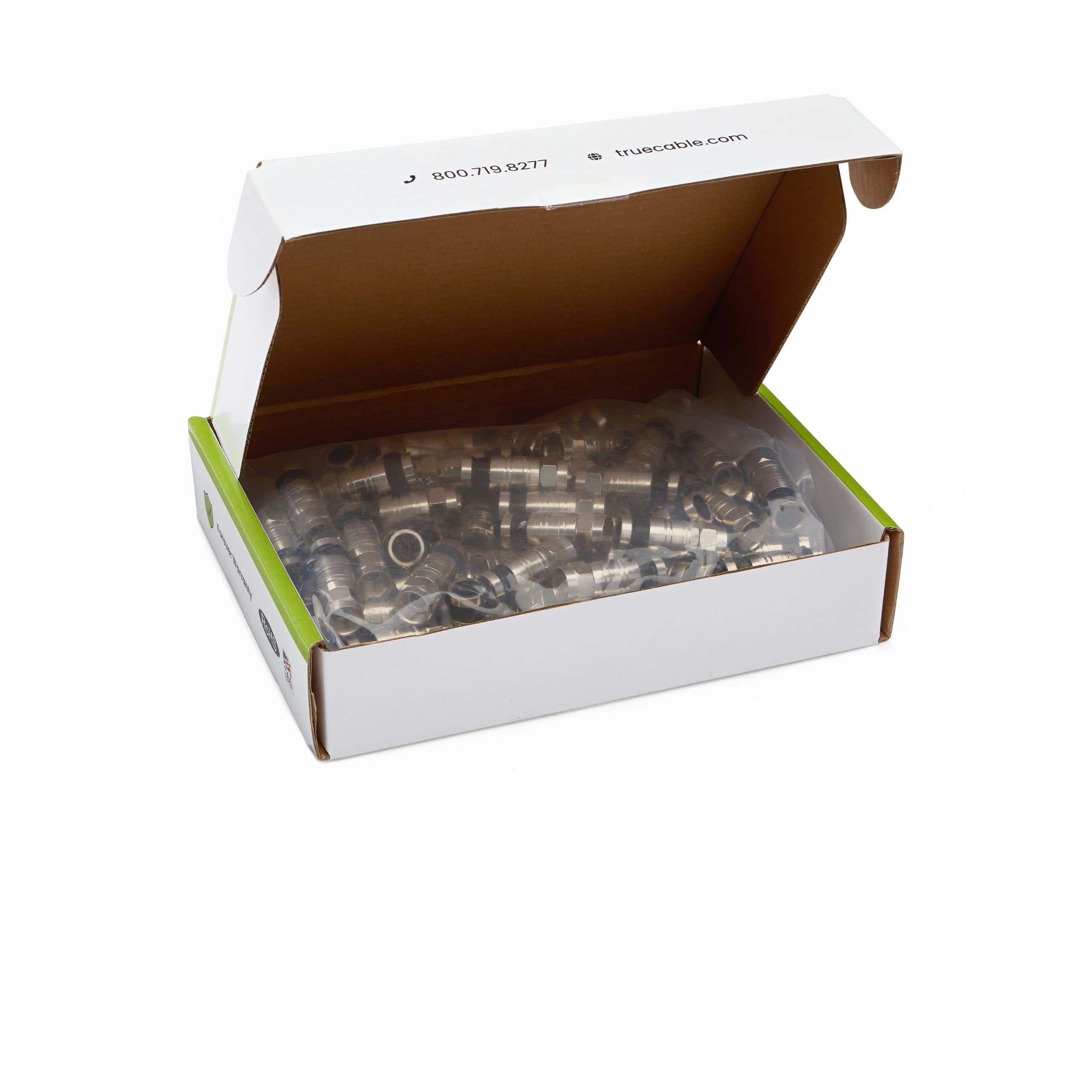 TrueCABLE Universal Easy Fit RG6 & RG6Q Compression F-Connector for Dual Shield (DS), Tri-Shield & Quad Shield (QS) Coaxial Cable - 100 Pack - Perfect for Cable TV, Satellite, Internet & Security System Installations