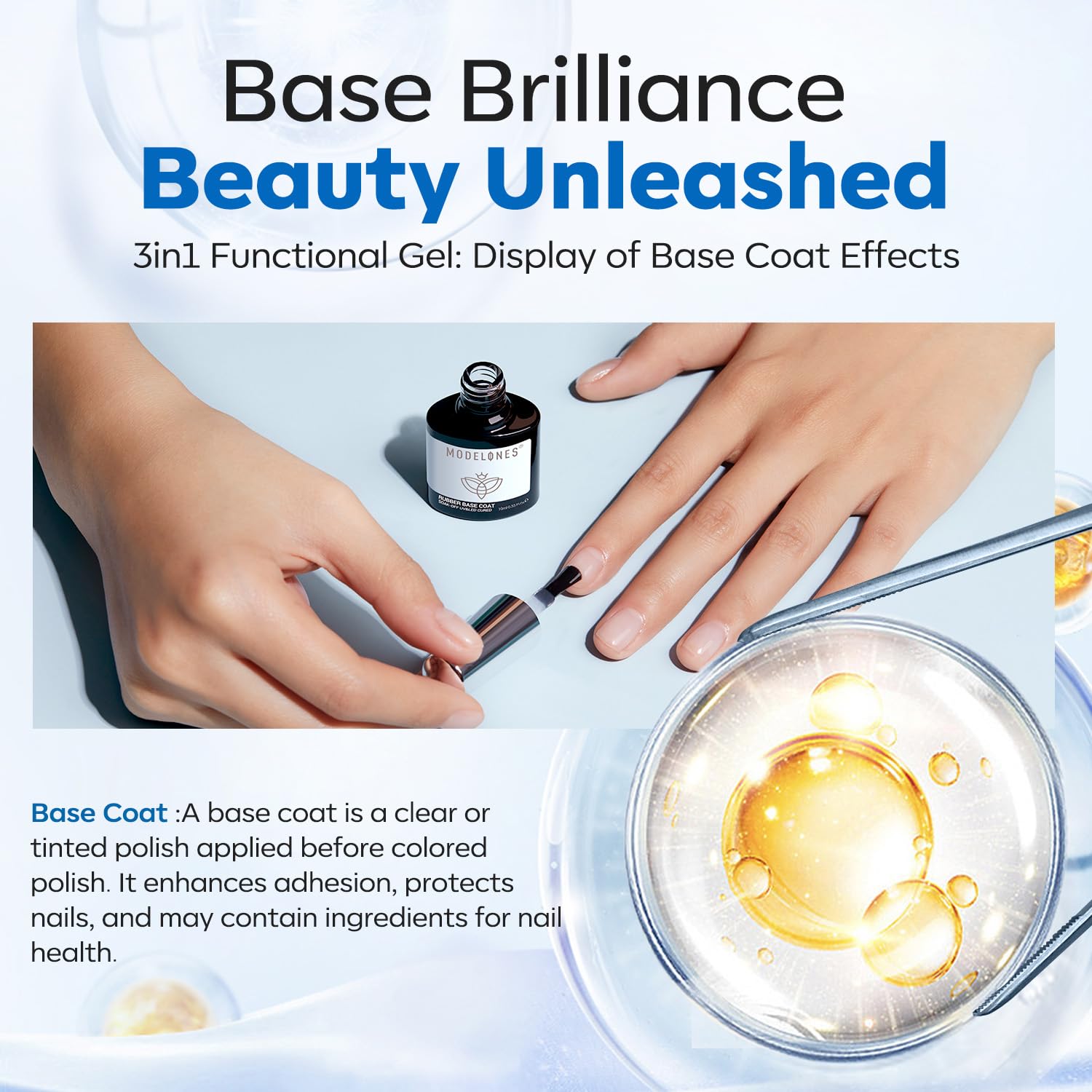 Modelones Clear Rubber Base Gel Nail Polish - Strengthening Builder Gel for Thin Weak Nails, Apex Building & Long-Lasting Protection - Soak Off UV LED Gel for Nail Enhancement (Perfect for Salon Use & DIY Manicures at Home)