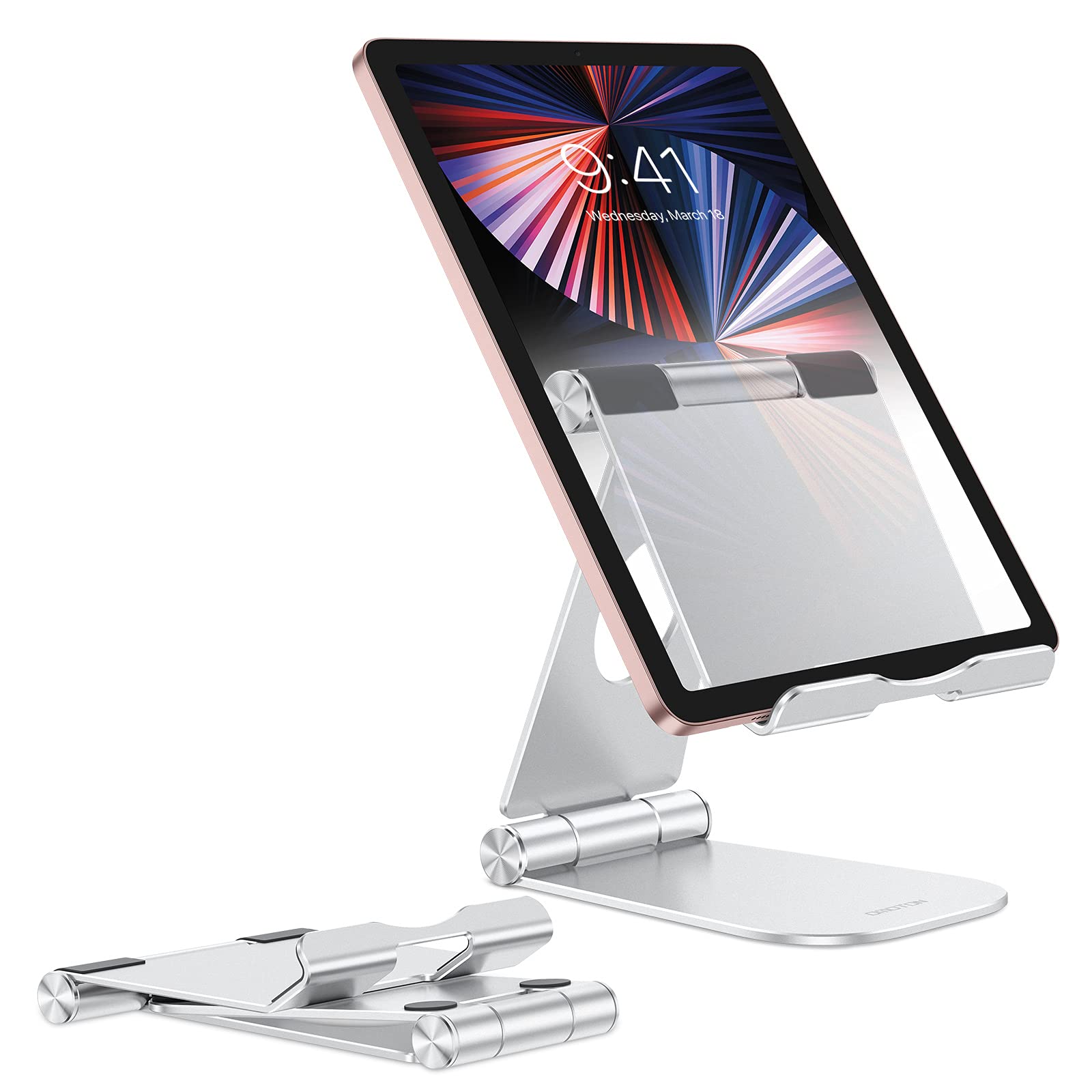 OMOTON Adjustable Aluminum Tablet Stand - Foldable & Portable Holder for iPad 10.9/Air/Pro/Mini, Samsung Tablets & Phones (Silver) - Perfect for Home Office, Bed Watching & Kitchen Cooking