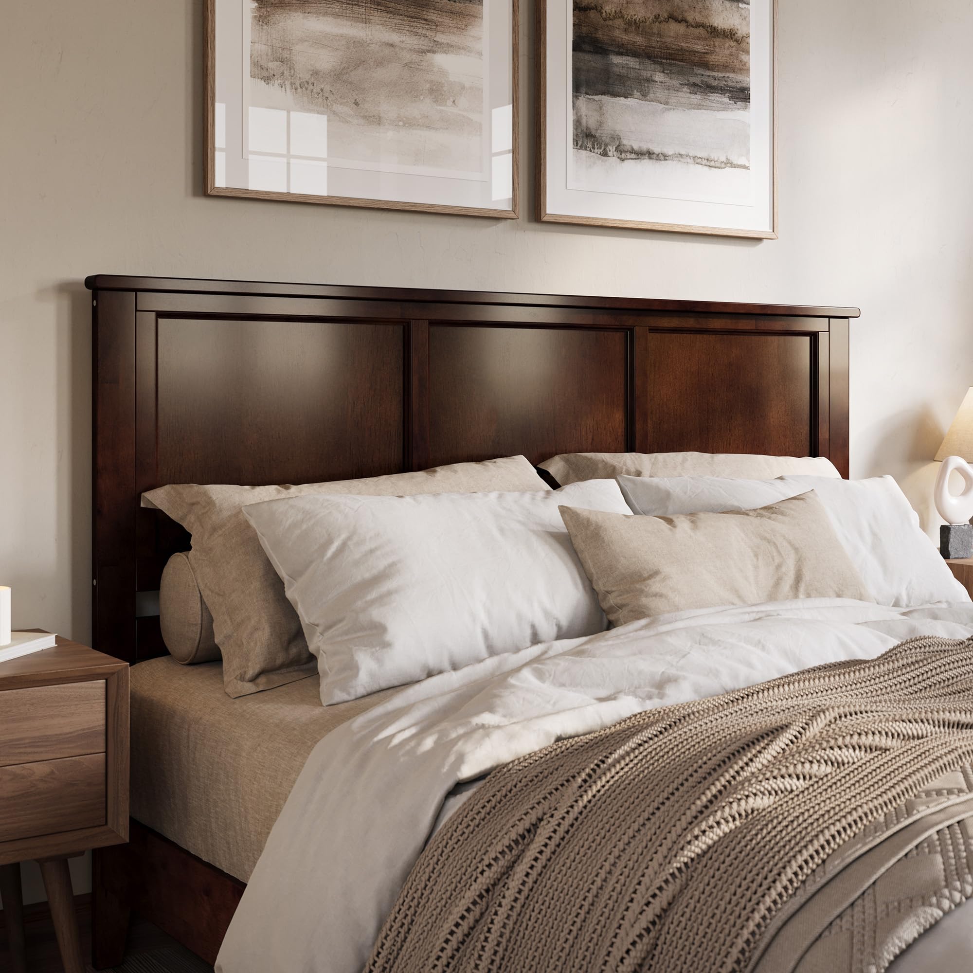 AFI Madison King Solid Wood Panel Headboard with USB Charging Ports - Walnut Finish for Modern Bedroom Decor & Master Suite Upgrade