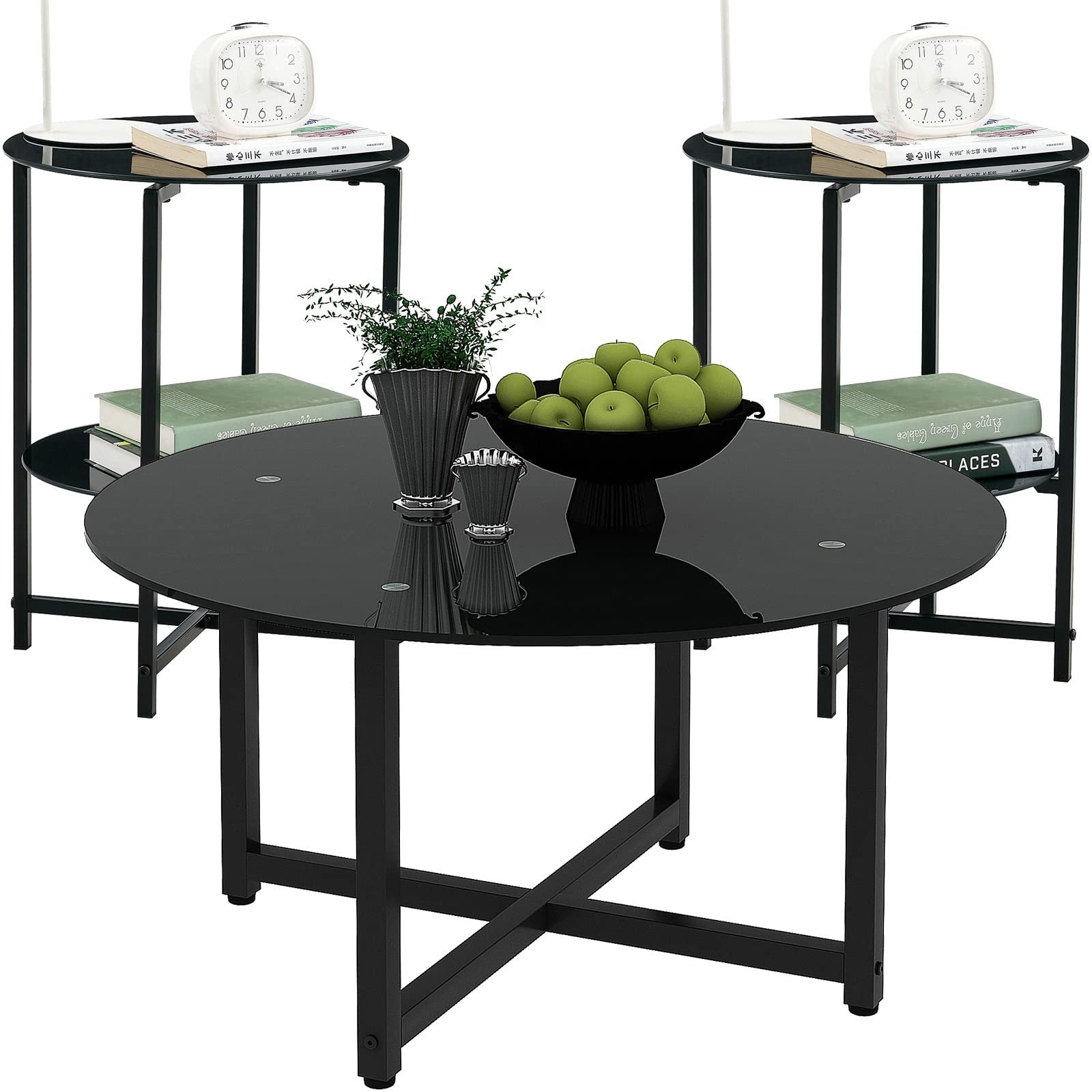 Modern 3-Piece Black Glass Coffee Table Set with Metal Frame - Round Tempered Glass Coffee Table & End Tables for Living Room - Stylish & Durable Home Furniture Set (Perfect for Small Spaces, Apartments & Cozy Living Rooms)