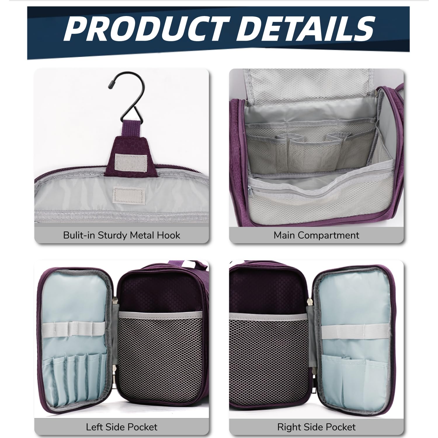 Premium Large Capacity Hanging Toiletry Bag for Women & Men - Waterproof Travel Cosmetic Organizer with Multiple Pockets for Makeup, Shaving Essentials & Full-Sized Toiletries (Purple) | Ideal for Vacation, Business Trips & Gym Use