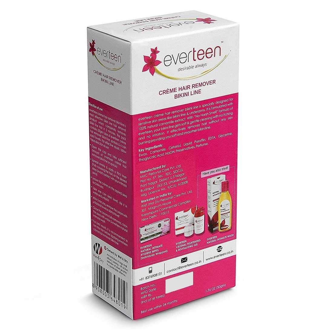 Everteen Bikini Line Hair Removal Cream - Pack of 2 (50g Each) for Sensitive Skin, Underarms & Bikini Area | Painless Hair Remover for Women | Smooth Skin at Home or Before Beach Vacation