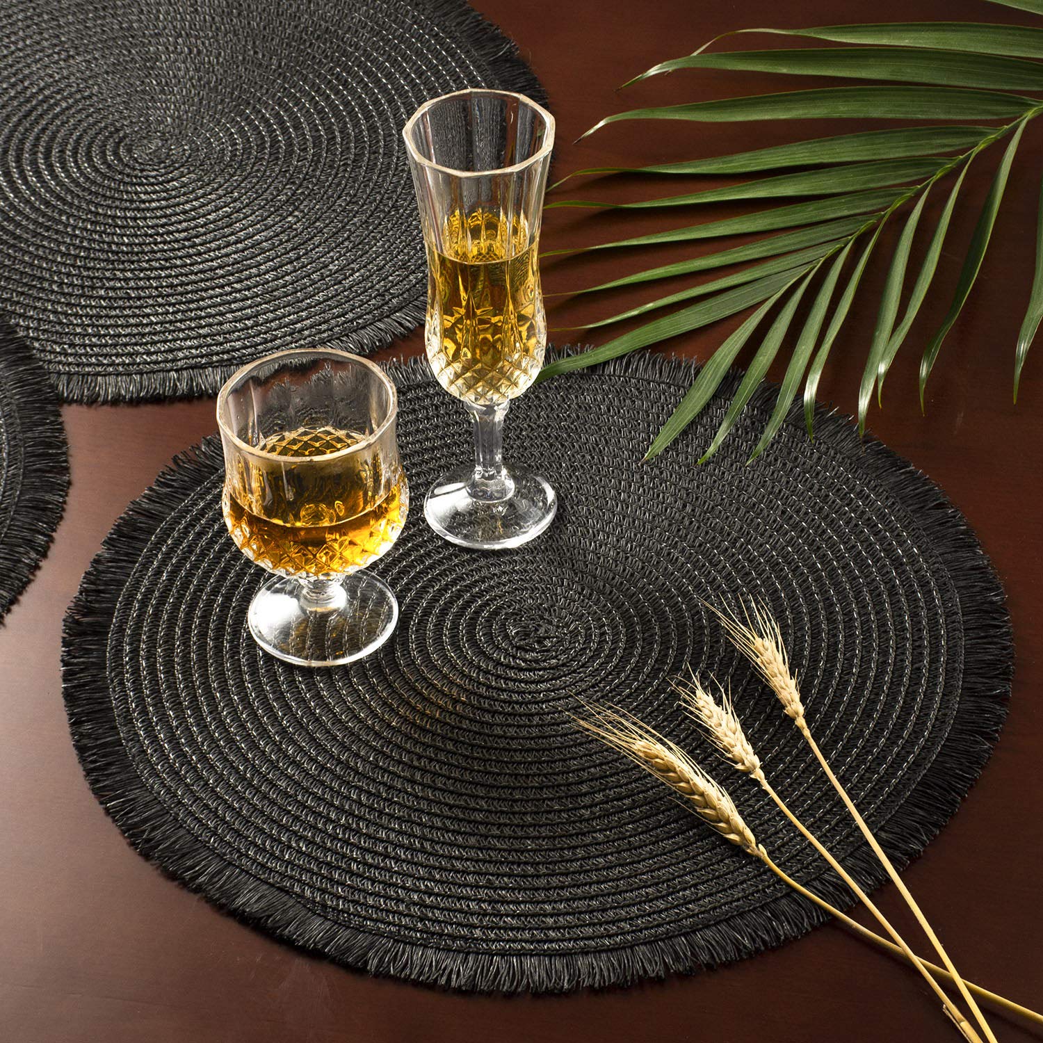 Eco-Friendly Round Braided Placemats Set of 6 - 15 Inch Heat Resistant Woven Table Mats for Dining, Farmhouse Decor - Natural Jute Placemats with Tassel (Black) | Perfect for Dinner Parties, Holiday Gatherings & Home Styling