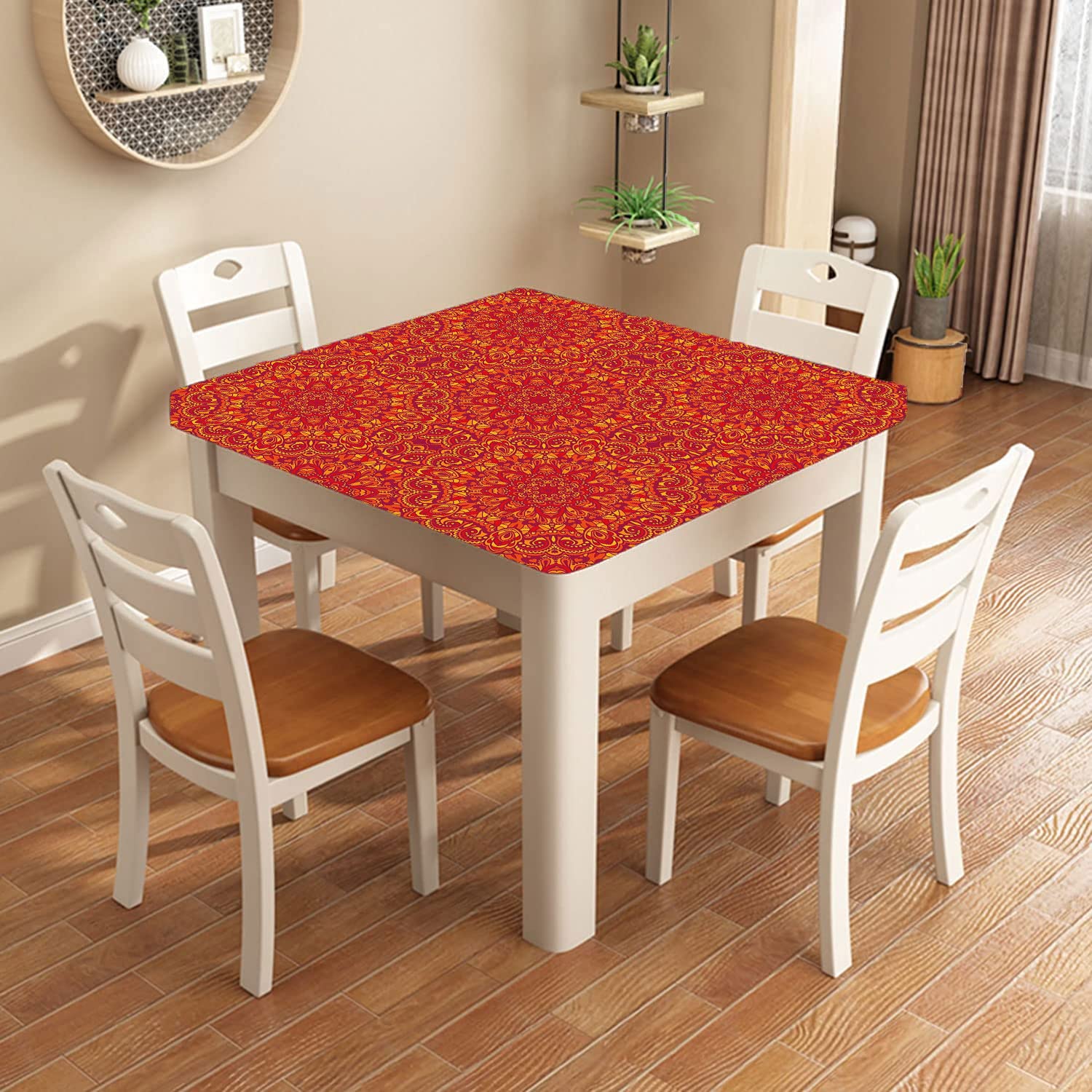 Boho Floral Square Fitted Tablecloth - Red Orange Yellow Waterproof Elastic Table Cover for 54x54 Inch Tables | Perfect for Indoor Family Banquets, Dinner Parties & Boho Home Decor