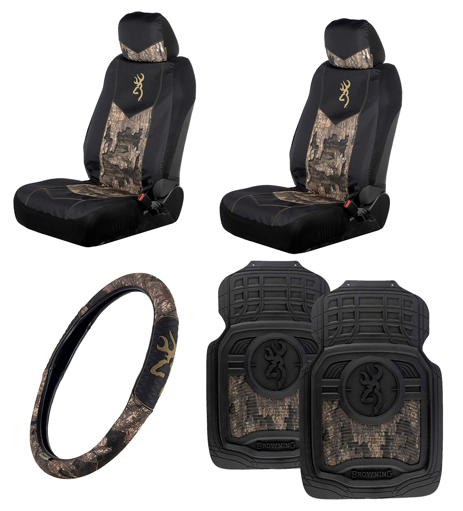 Realtree Camo 2-Piece Low Back Seat Covers with 2 Front Floor Mats & 1 Wheel Cover (Timber Camo) - Durable Car Interior Protection for Trucks, SUVs & Off-Road Vehicles