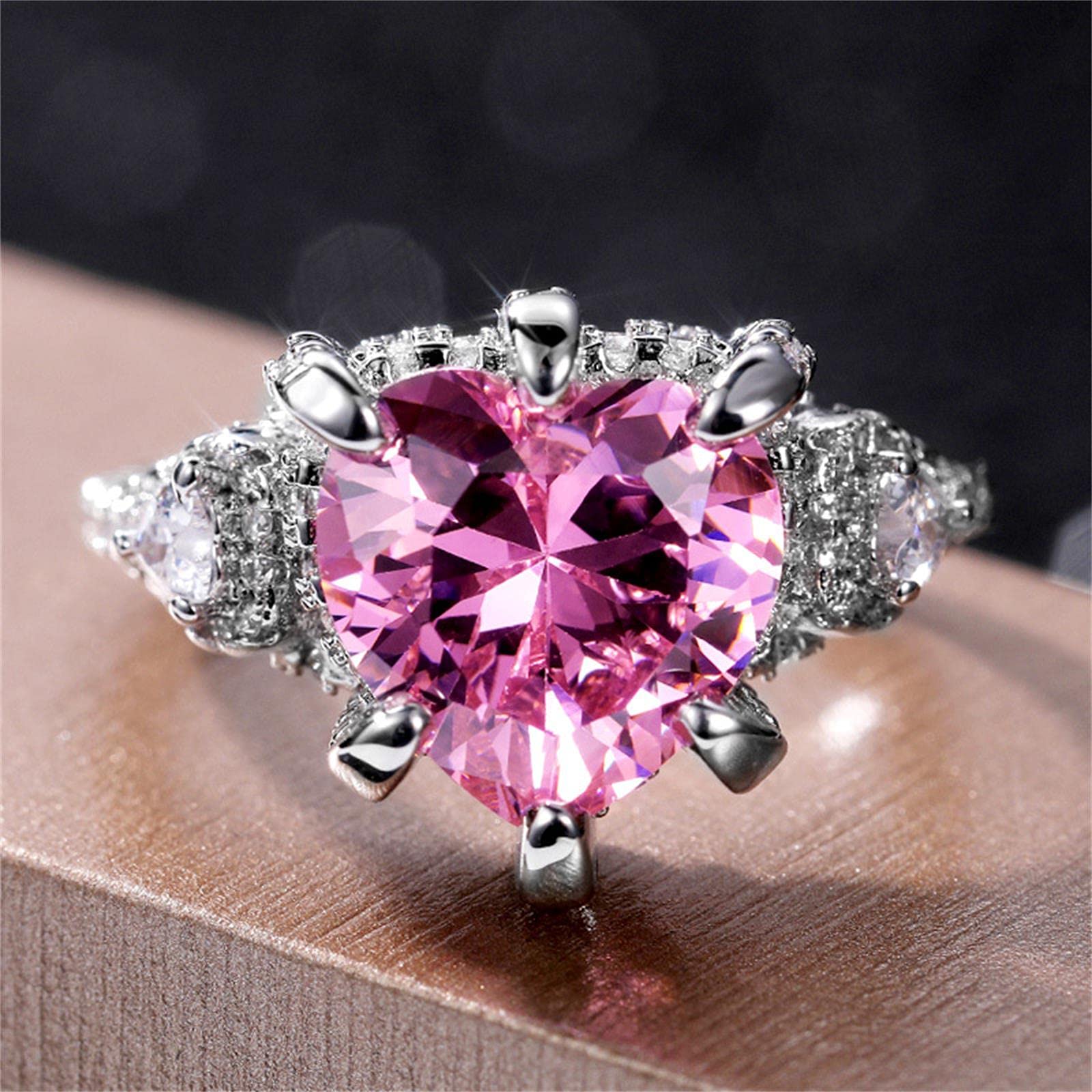 925 Sterling Silver Heart-Shaped Pink Cubic Zirconia Ring with Full Diamond Accents - Elegant CZ Diamond Wedding Band for Women, Size 9 - Perfect for Engagement, Anniversary & Romantic Gifts