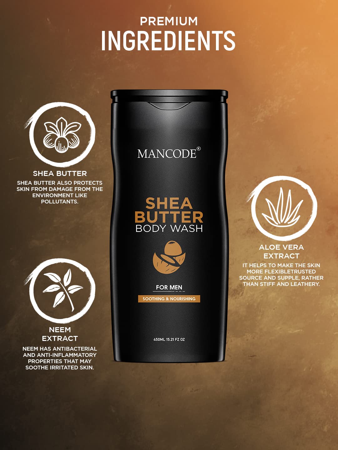 Mancode Shea Butter Body Wash for Men - 450ml Moisturizing Shower Gel with Natural Oils & Shea Butter | Oil Control & Odor Protection | Face & Body Cleanser | Perfect for Gym, Travel & Daily Use (Pack of 1)