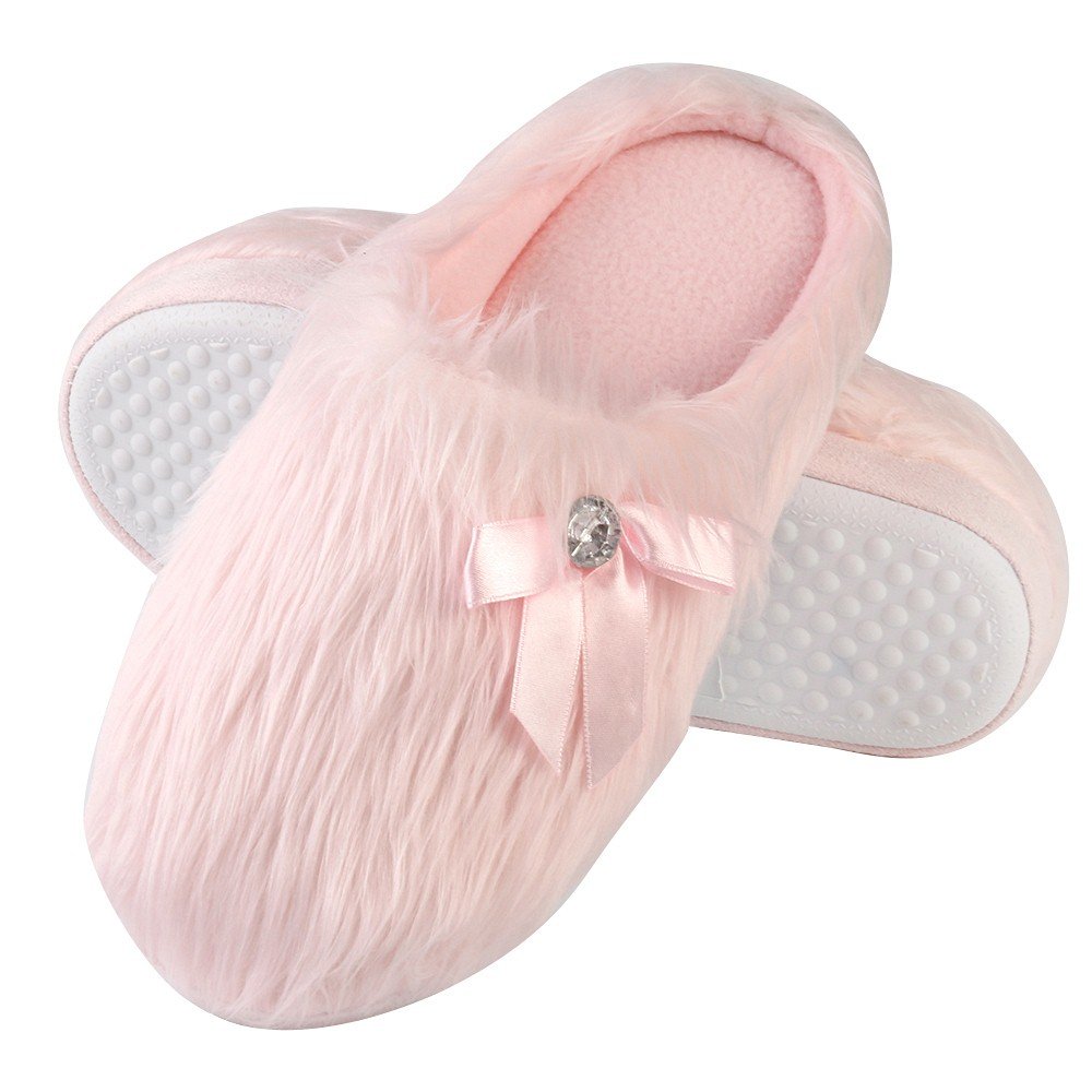 Women's Plush Memory Foam Slippers - Soft Indoor House Shoes with Fringe Detail, Non-Slip Sole for Bedroom & Home Comfort (Pink) - Perfect for Relaxing, Lounging & Cold Winter Nights