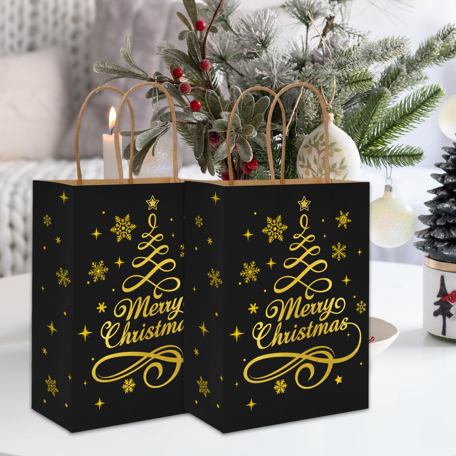 24Pcs Christmas Kraft Paper Gift Bags with Handles - Black Gold Xmas Tree Design for Holiday Party Favors, Winter Treat Bags & Christmas Decorations | Perfect for Office Gifts, Classroom Treats & Holiday Party Supplies