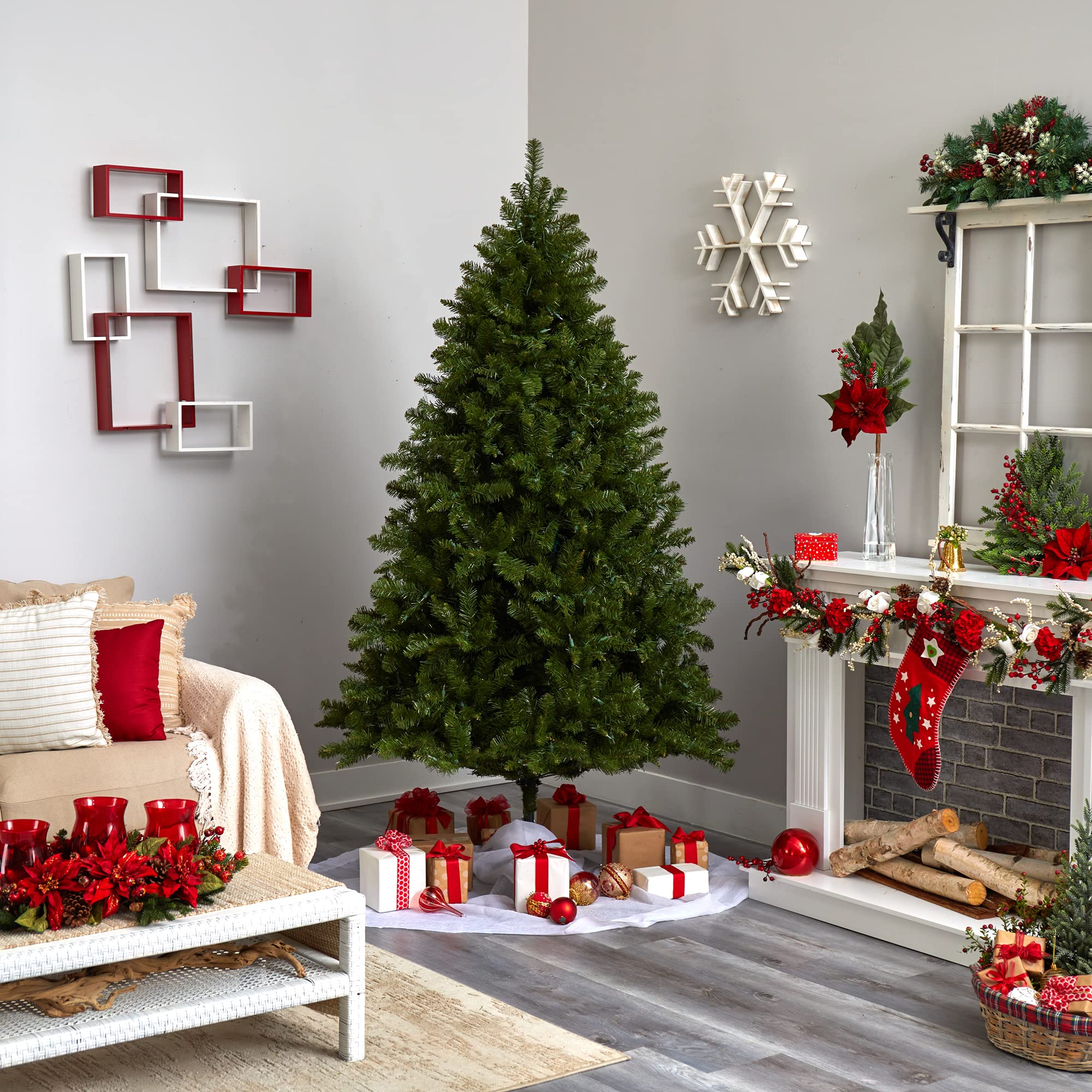Nearly Natural 5374 7.5-Foot Pre-Lit Artificial Christmas Tree with Clear Lights - Realistic Green Pine for Holiday Home Decor, Living Room, Office & Party Decoration