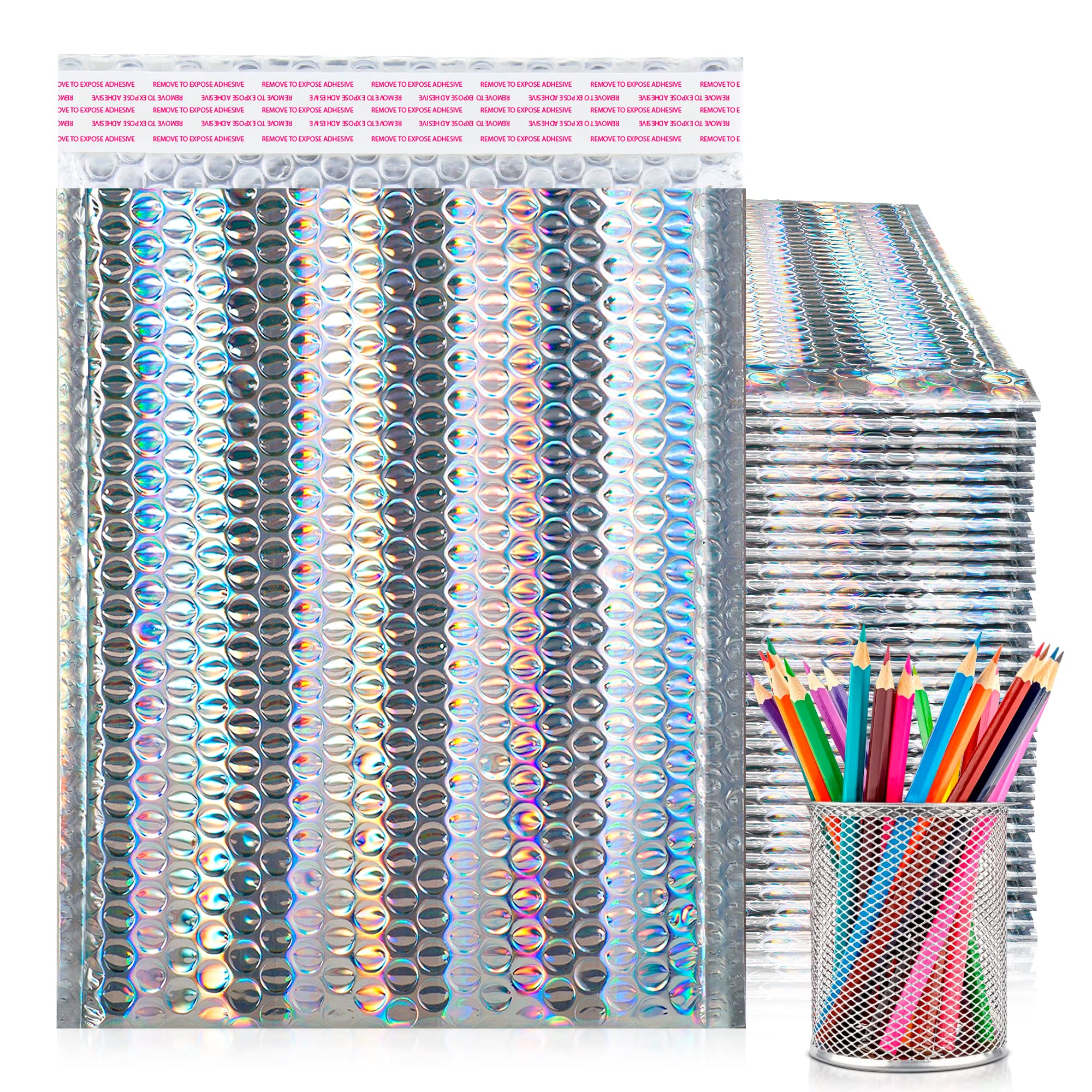 ABC Holographic Metallic Bubble Mailers - 8.5x11 Inch Waterproof Poly Envelopes (100 Pack) | Self-Sealing Shipping Bags for Ecommerce, Jewelry & Small Items | Durable Metallic Packaging for Online Stores & Gift Wrapping
