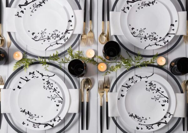 32-Piece Round Plastic Dinnerware Set - White & Black Disposable Plates, Bowls, Cups & Utensils for 16 Guests - Perfect for Parties, Picnics, BBQs & Outdoor Events