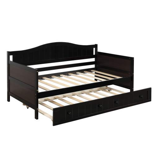 Mera Wood Twin Daybed with Trundle - Espresso Finish Twin Size Sofa Bed Frame, No Box Spring Needed - Perfect for Guest Rooms, Dorm Rooms & Small Space Living