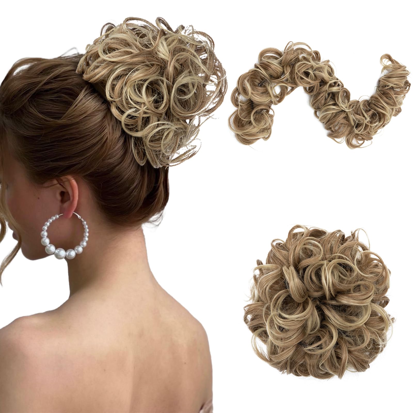 Messy Bun Scrunchie Hair Piece - 32 Inch DIY Wrap Around Ponytail | Fluffy Curly Synthetic Hair Extensions for Women | Light Brown to Ash Blonde | Perfect for Updos, Weddings, Cosplay & Everyday Styling