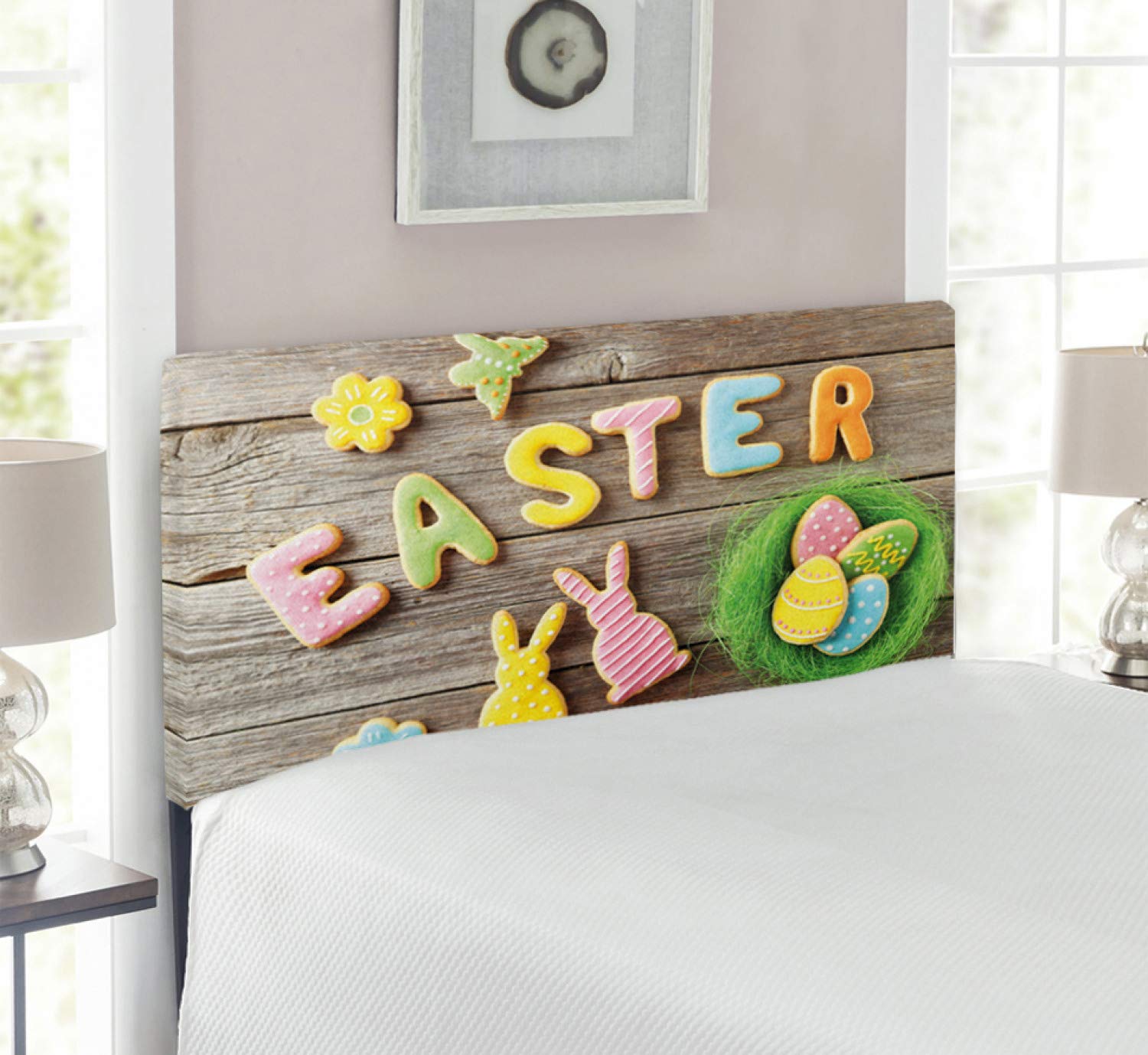 Lunarable Easter Headboard - Fun Cookie Cake on Rustic Backdrop Hare Holiday Spirit Custom Print - Upholstered Decorative Metal Bed Headboard with Memory Foam - Twin Size, Multicolor - Perfect for Easter Decorations, Bedroom Makeovers & Holiday Themed Rooms