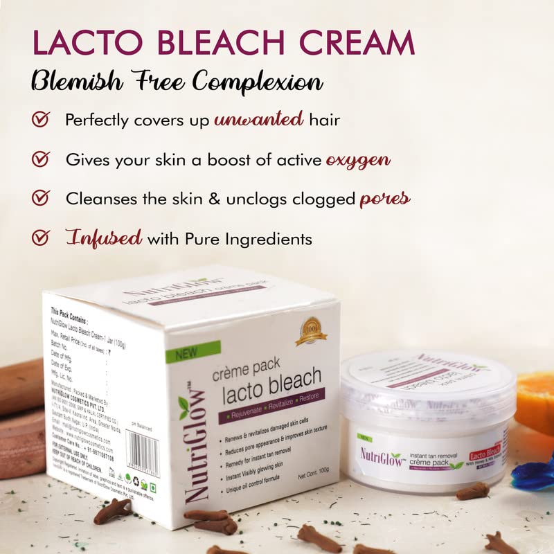 NutriGlow Lacto Bleach Cream with Honey & Milk Extract - Skin Brightening, Tan Removal & Tone Improvement - 100g (Pack of 2) - Perfect for Daily Skincare & Radiant Complexion
