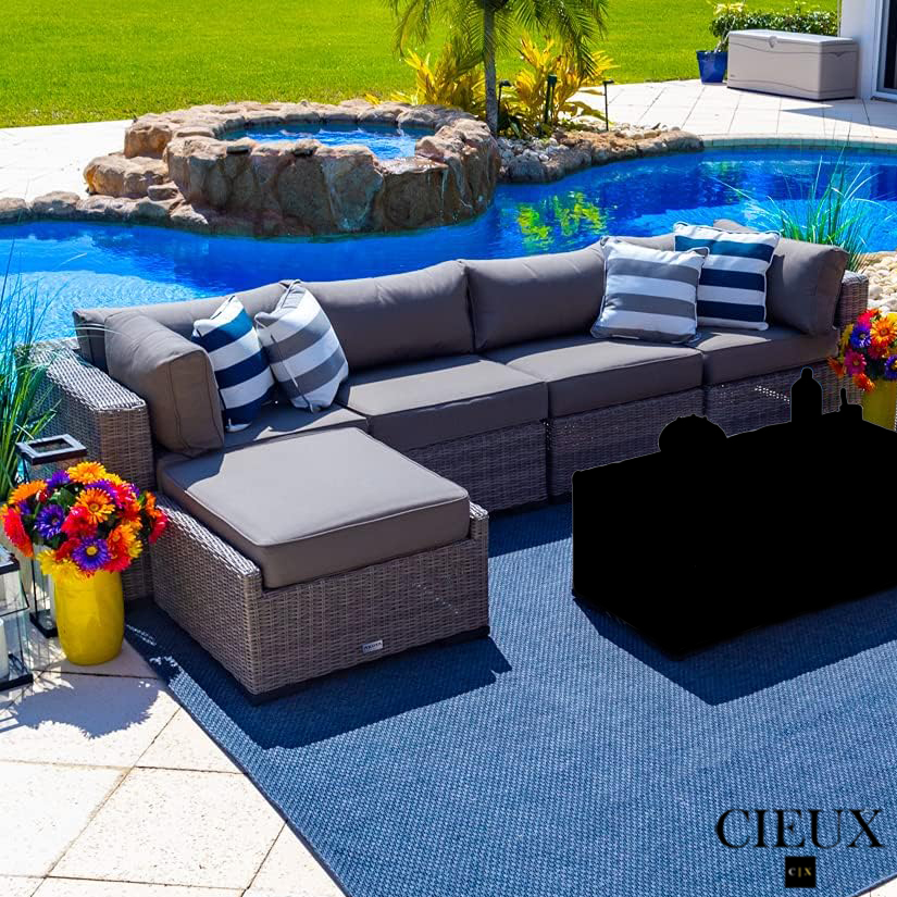 Grey Riviera Outdoor Patio Wicker Large Sectional Sofa with Sunbrella Canvas Charcoal Cushions - Perfect for Backyard, Poolside, and Garden Relaxation